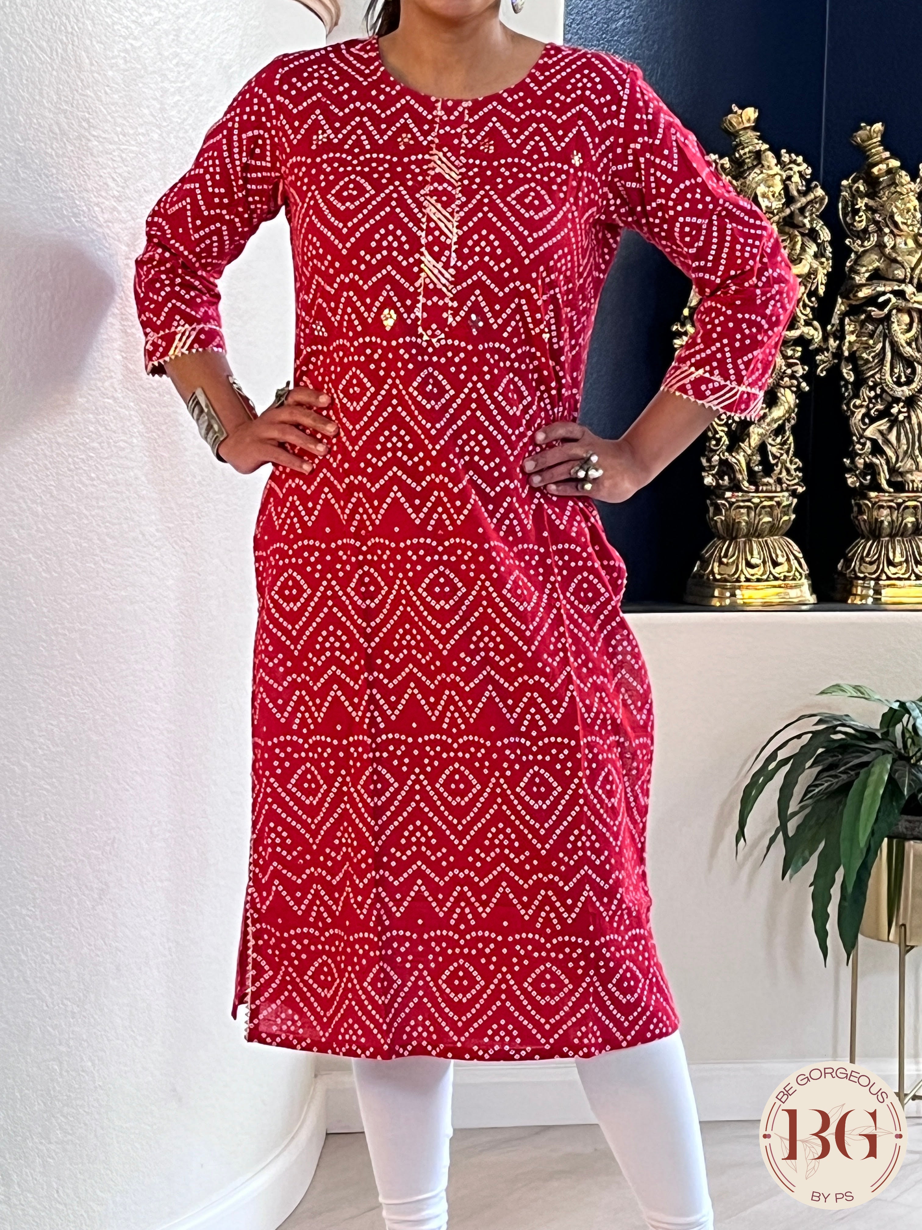 Kurti with bandhani print in red color and mirror detailing