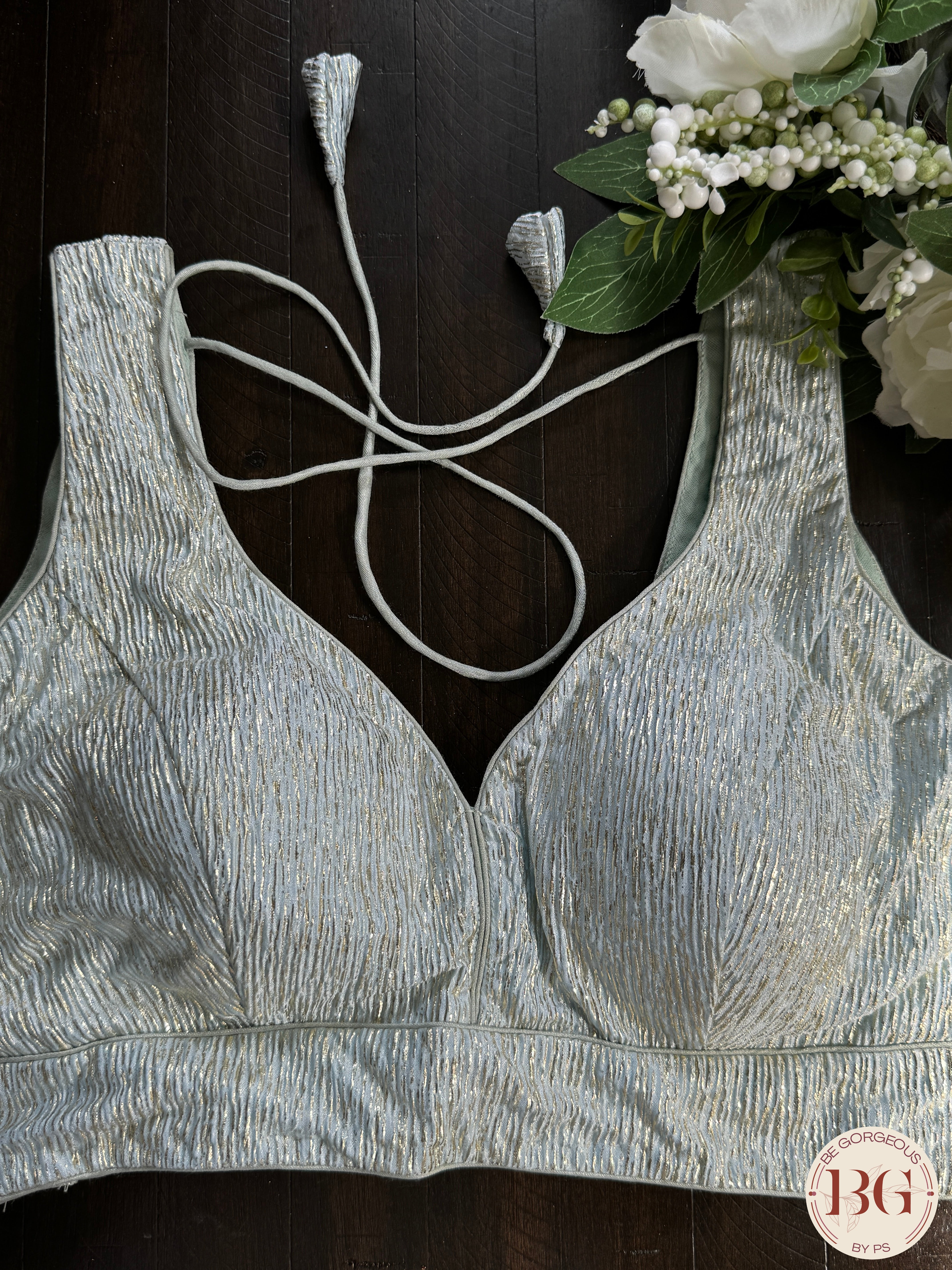 Raw Silk readymade blouse with foil print- Light Blue