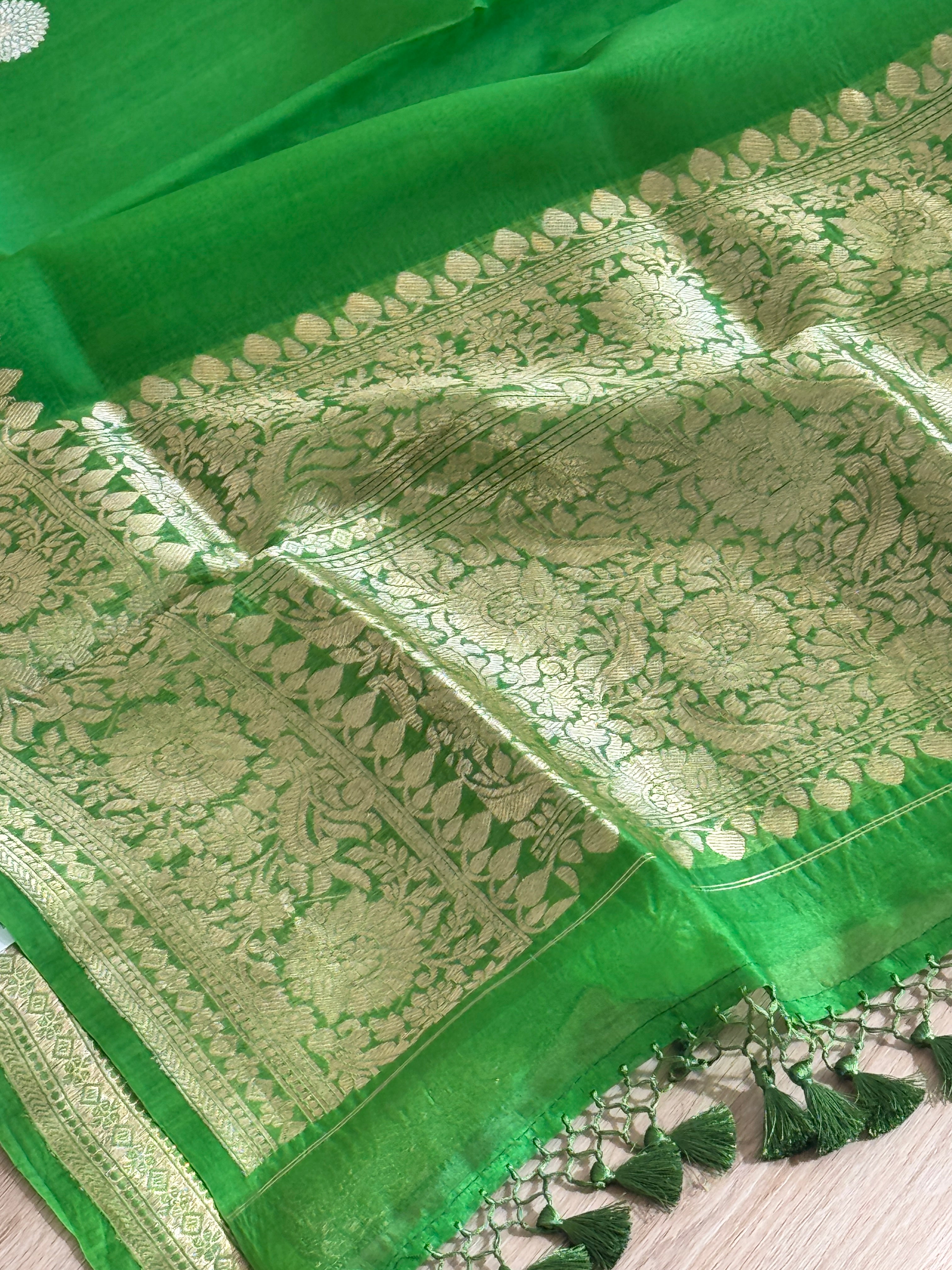 Banarasi Kora Organza Silk Handloom Saree - green