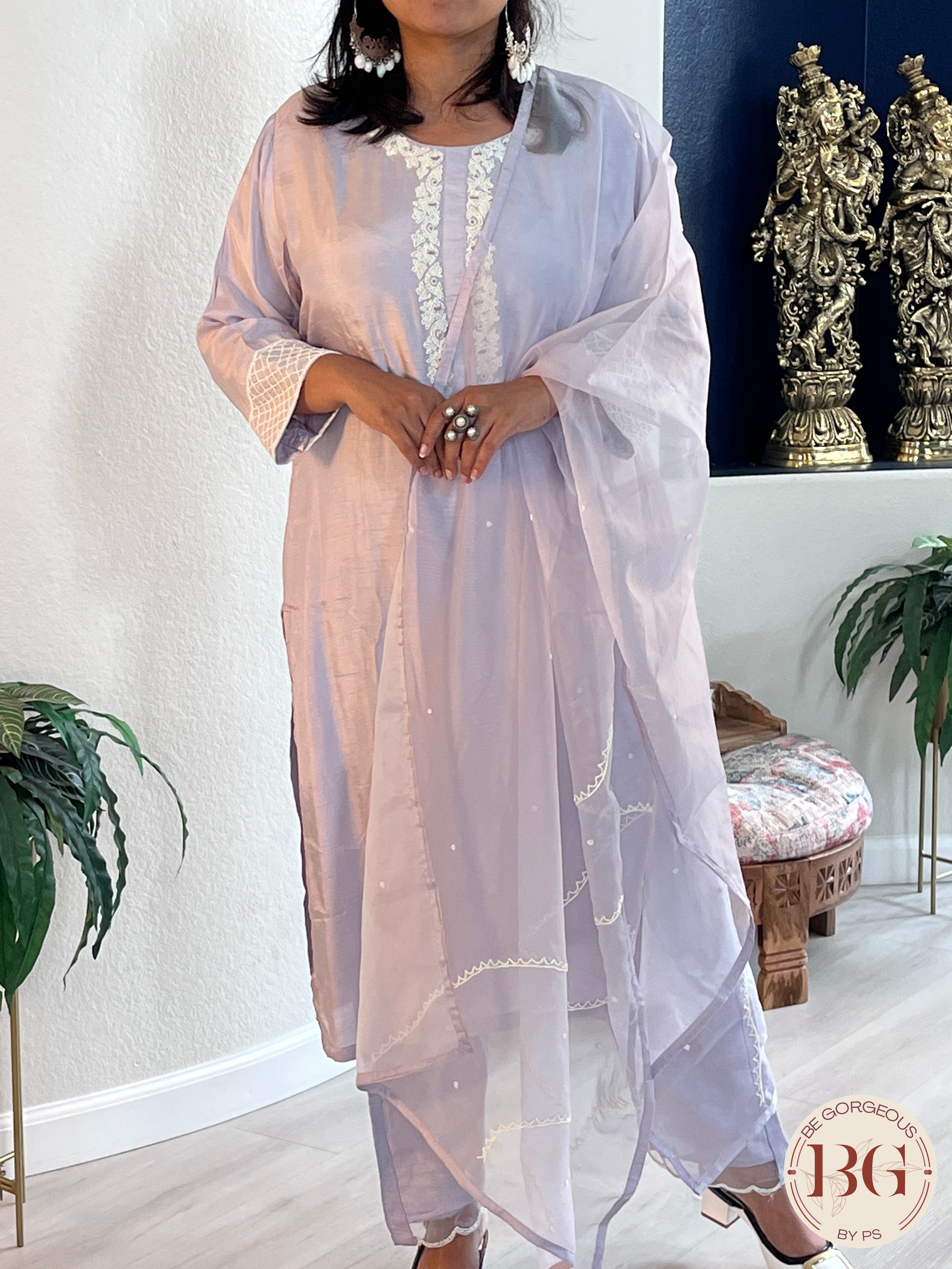Party wear muslin silk 3 piece suit with organza dupatta in gorgeous lavendar color