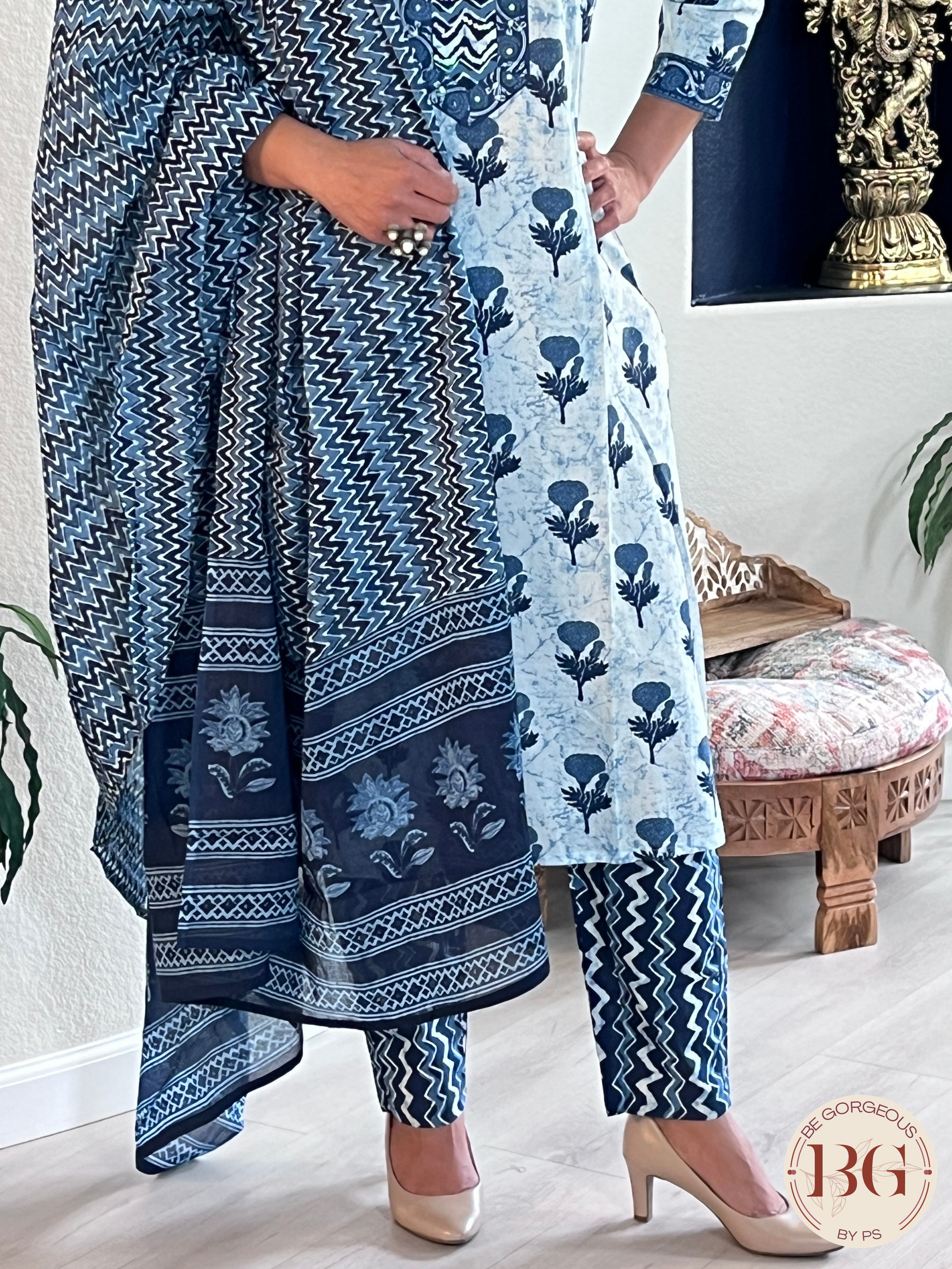 3-piece cotton suit set with indigo print and full size dupatta