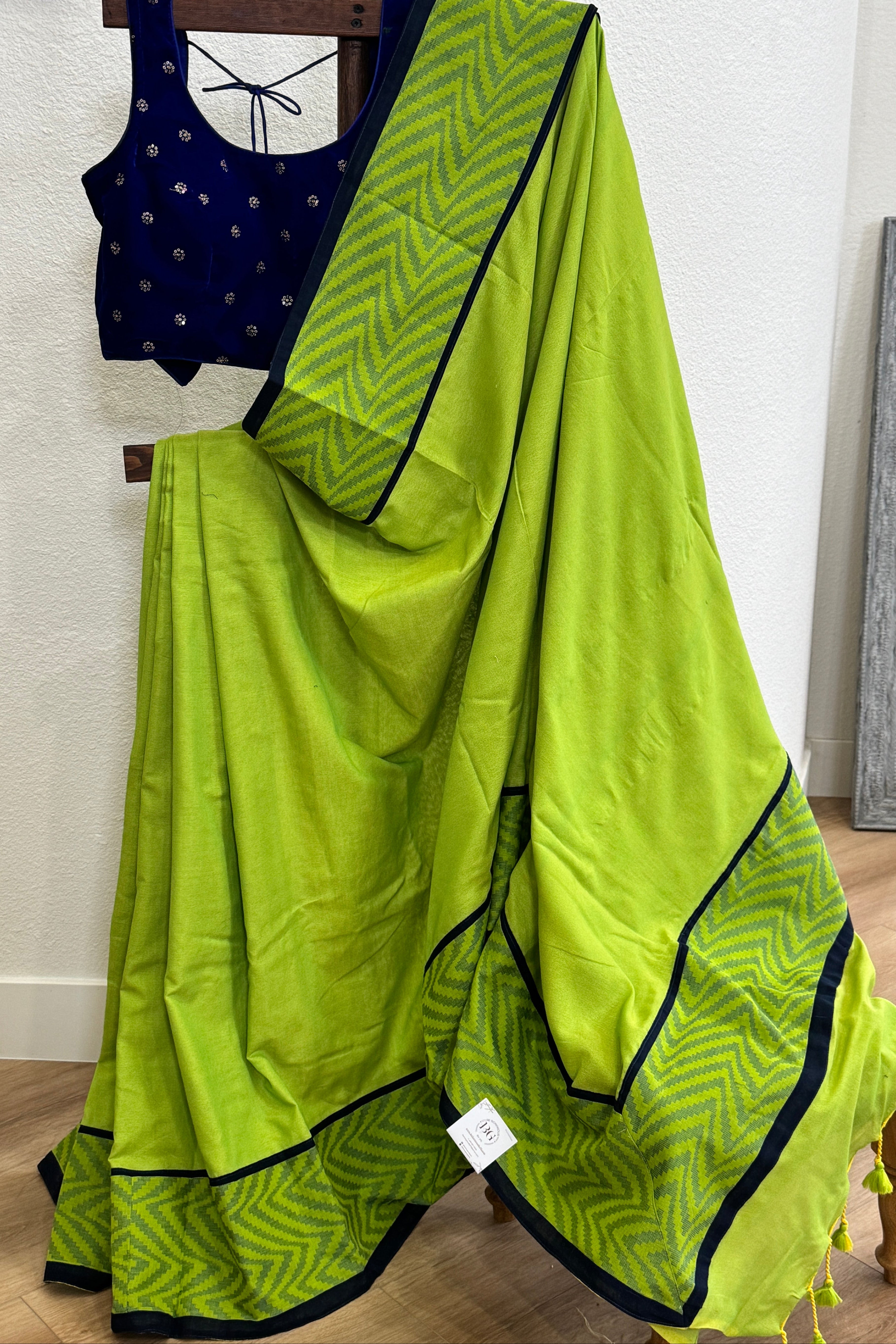 Green cotton with blue border & piping