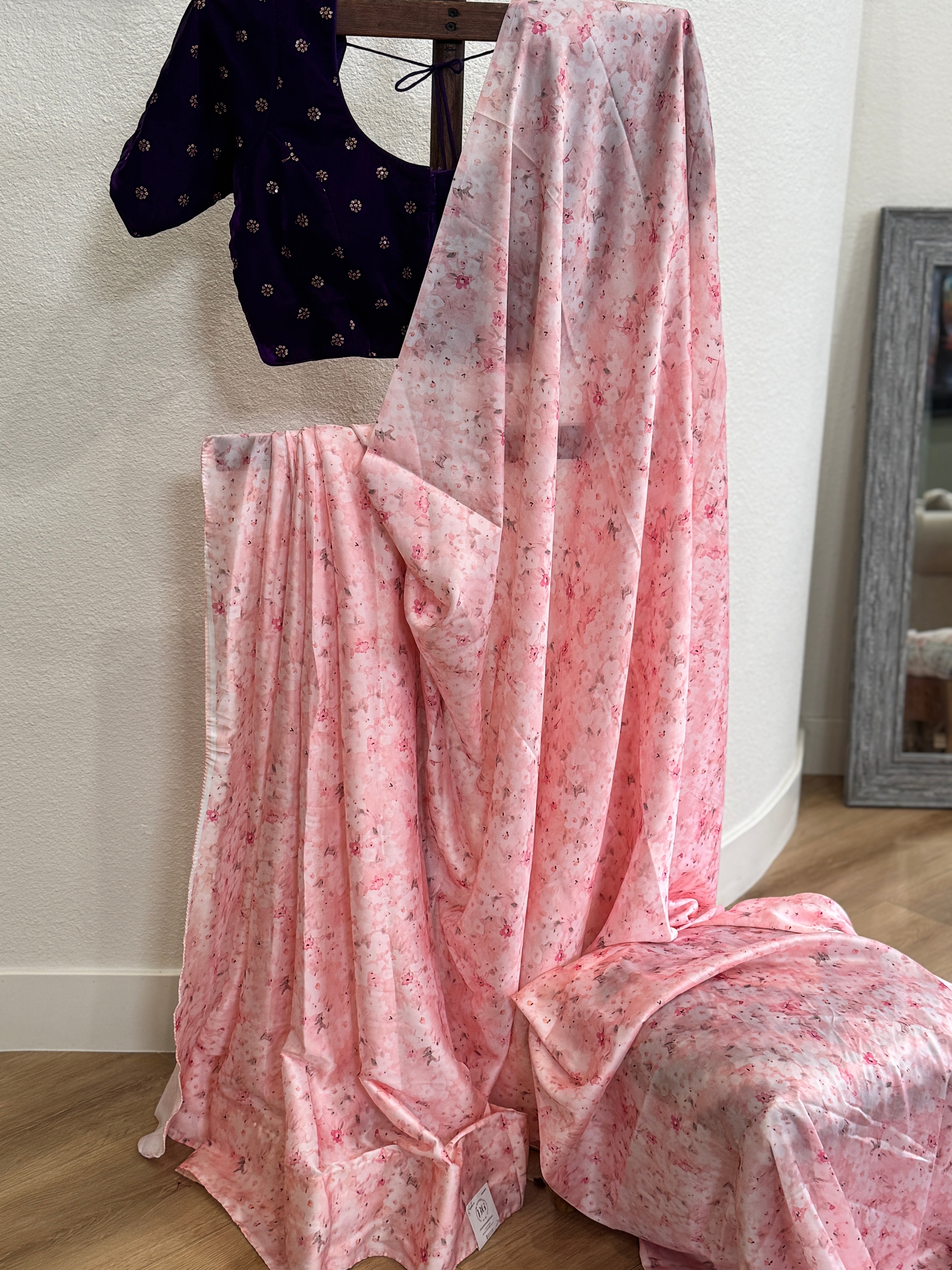 Pink satin printed saree