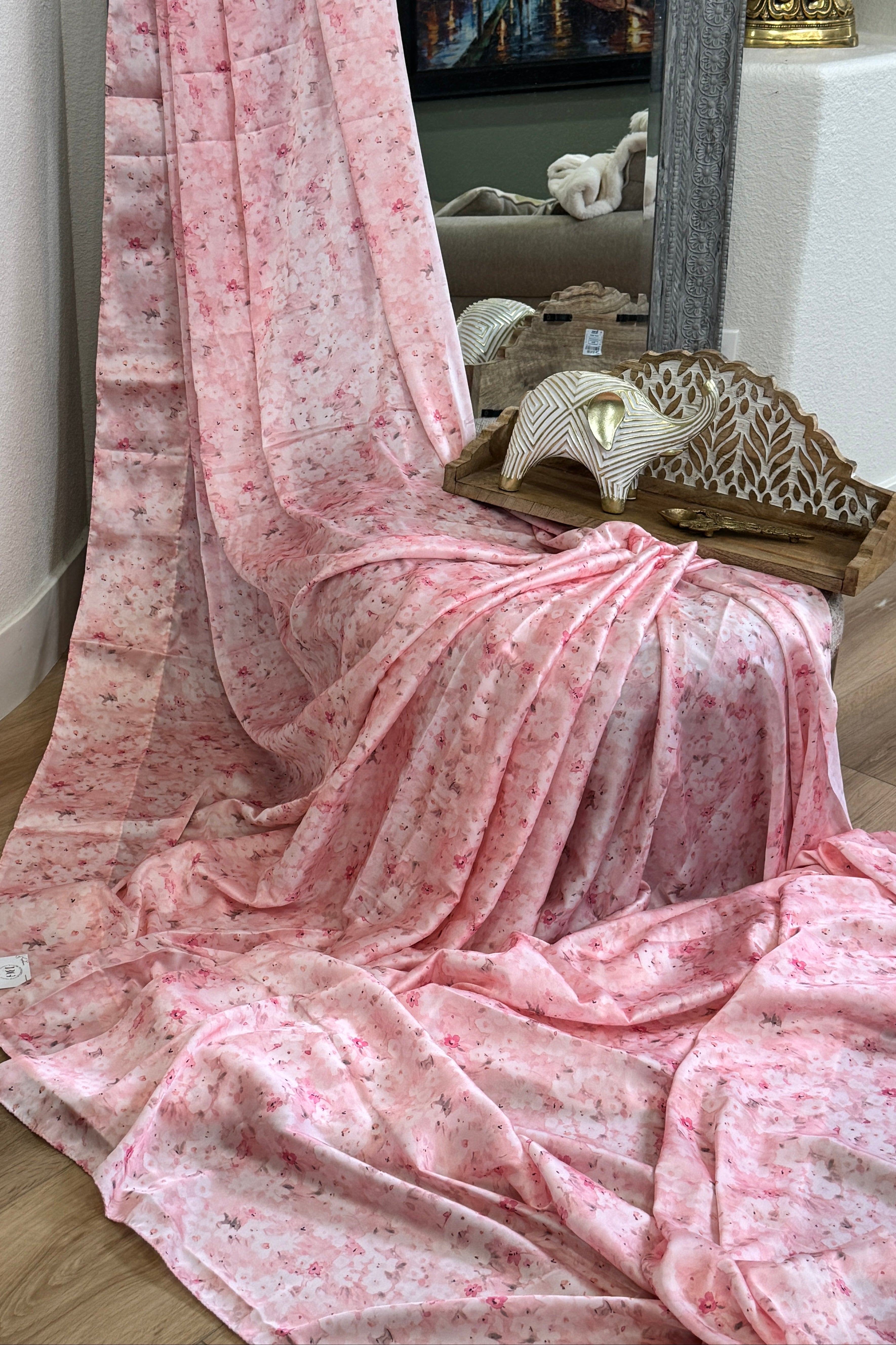 Pink satin printed saree