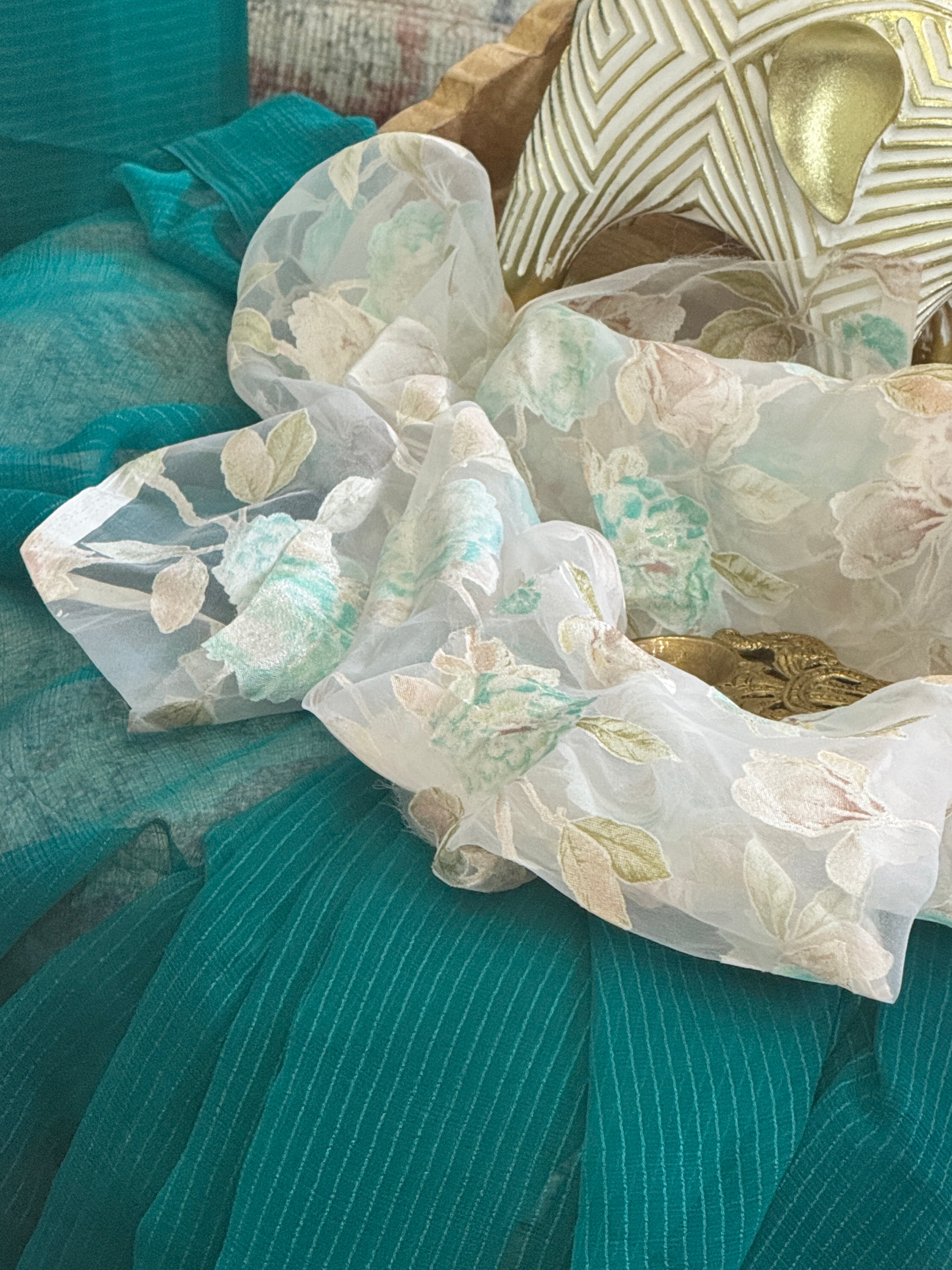 Green plain saree with printed blouse