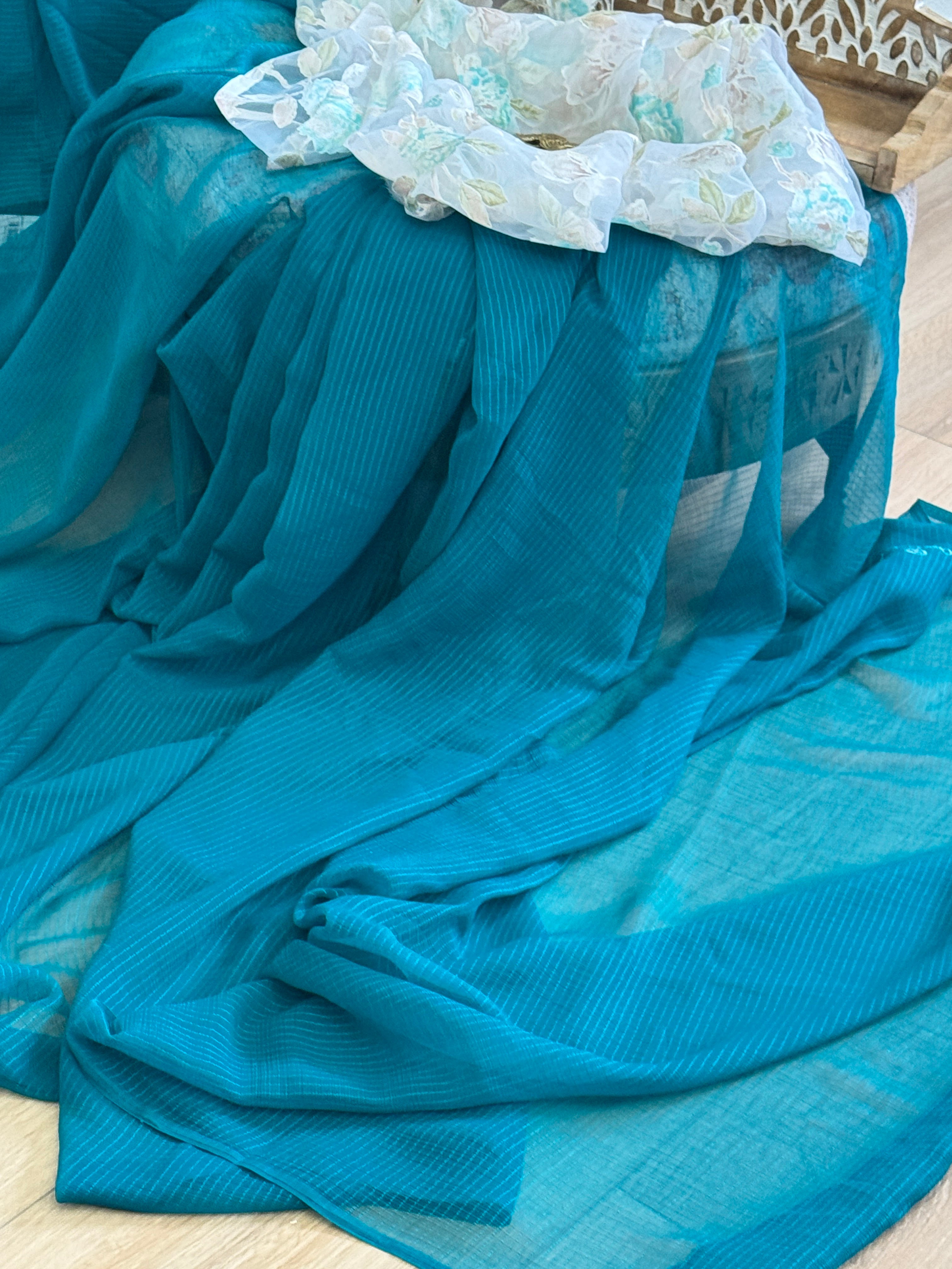 Green plain saree with printed blouse