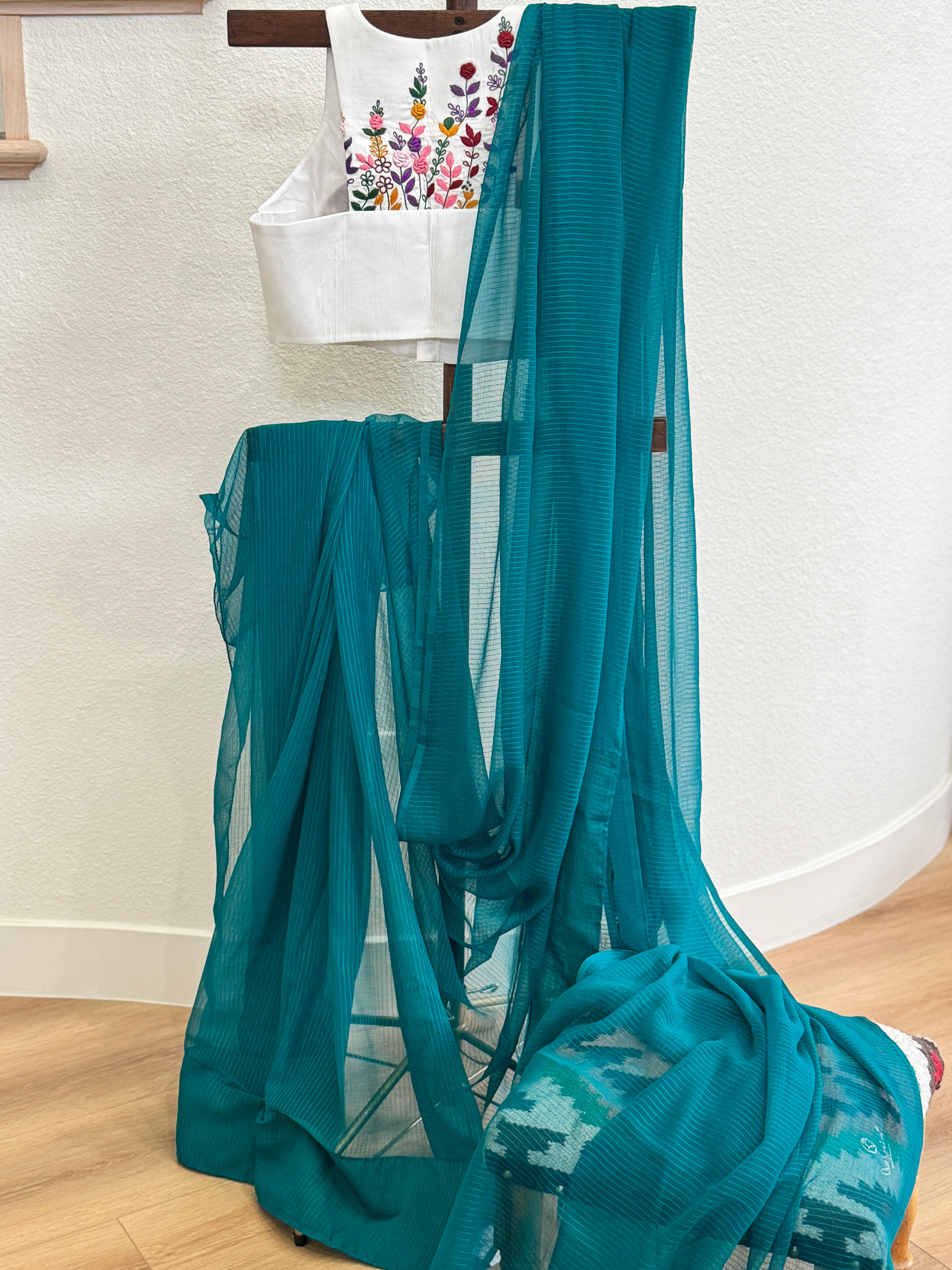 Green plain saree with printed blouse