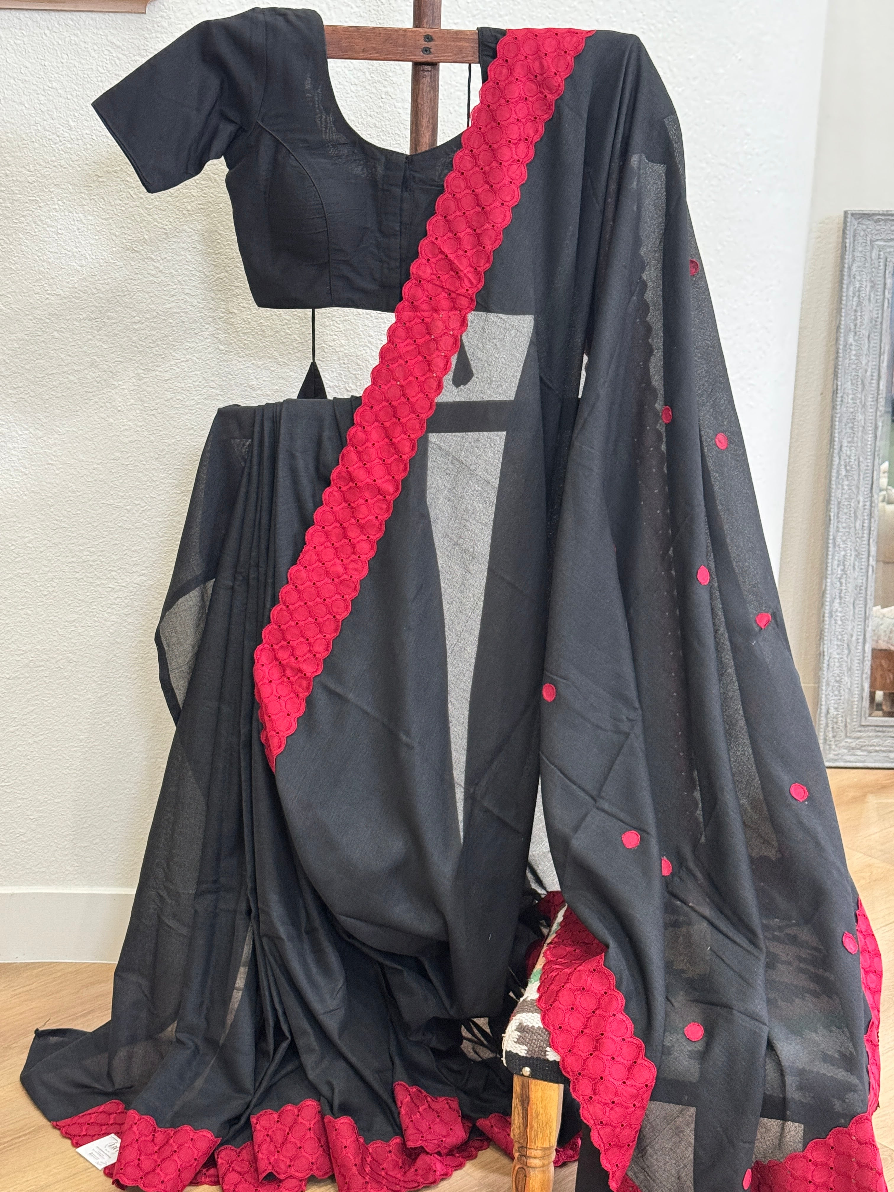 Black cotton with red dots and lace