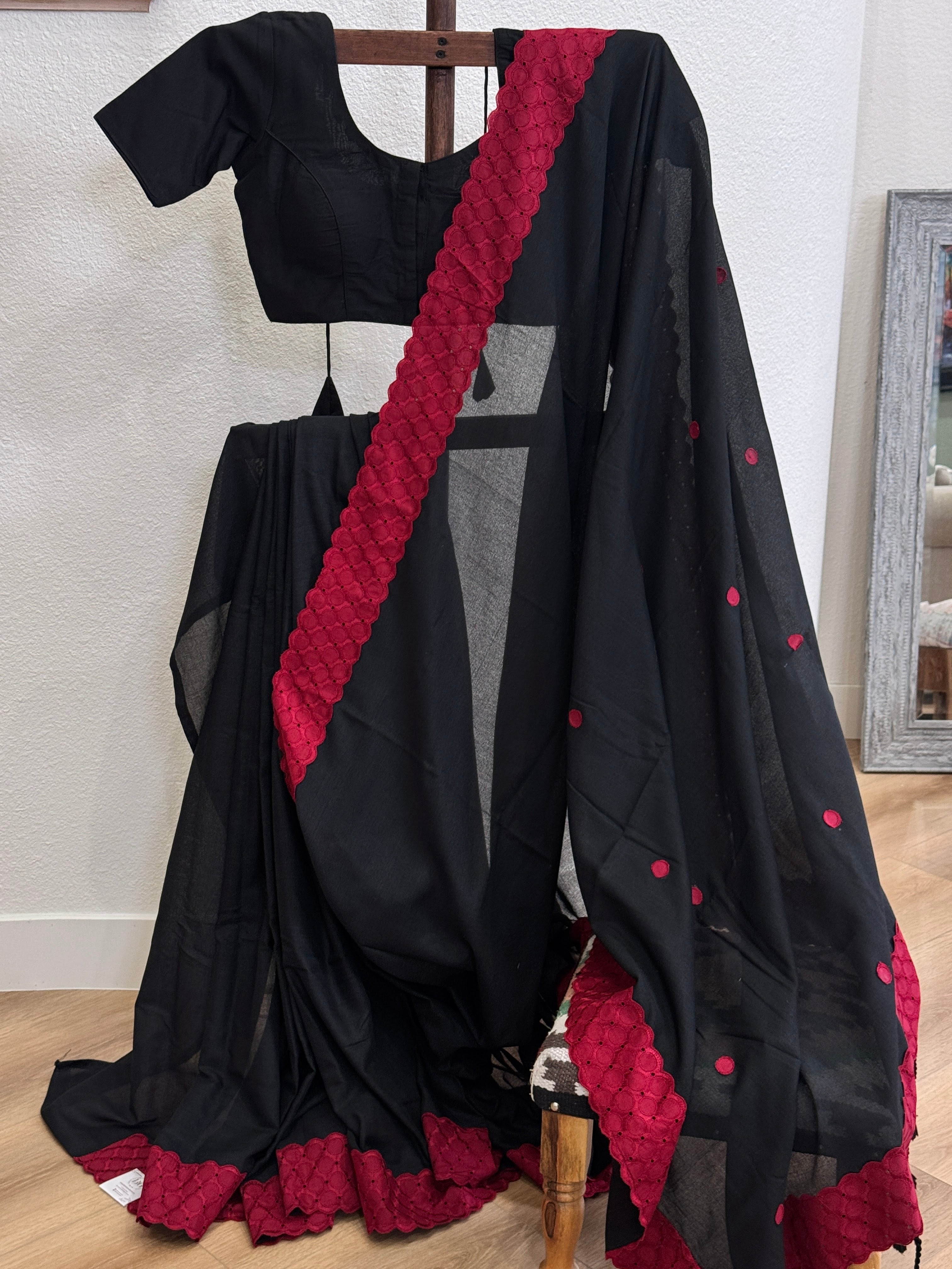 Black cotton with red dots and lace