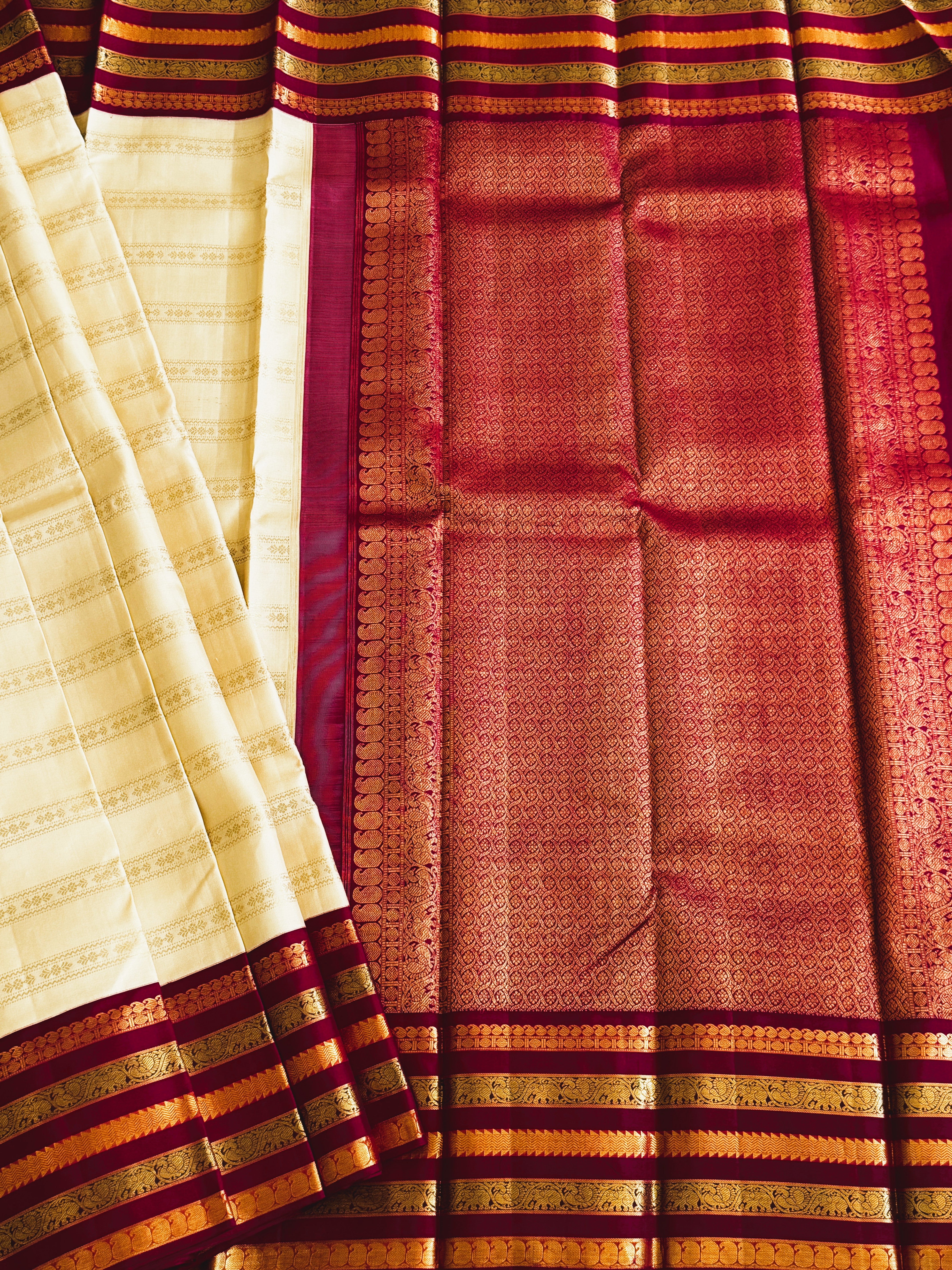 Korvai Kanjeevaram Pure silk handloom saree - beige red