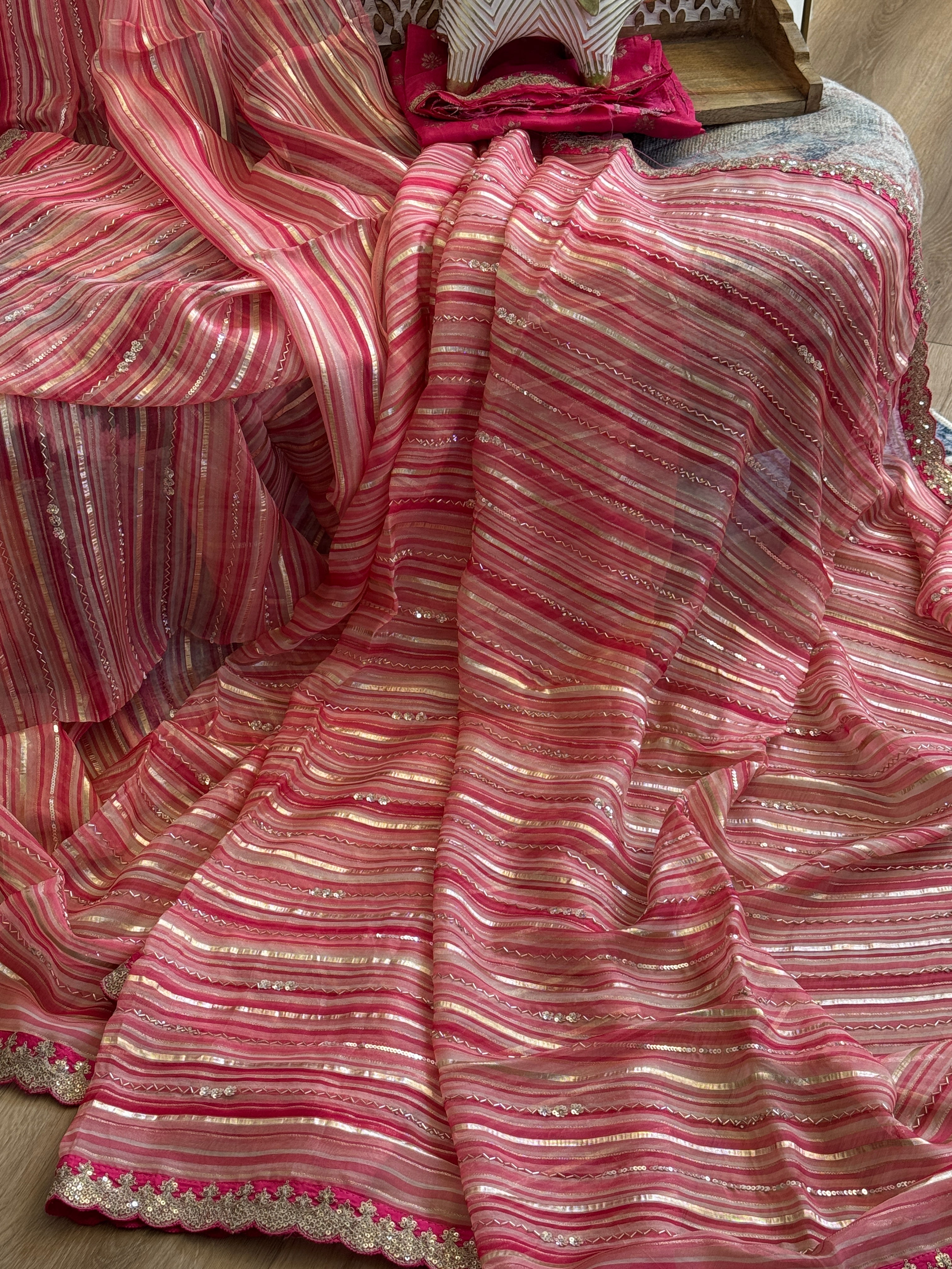 Organza Saree with stripes, sequin and gota lace - baby pink