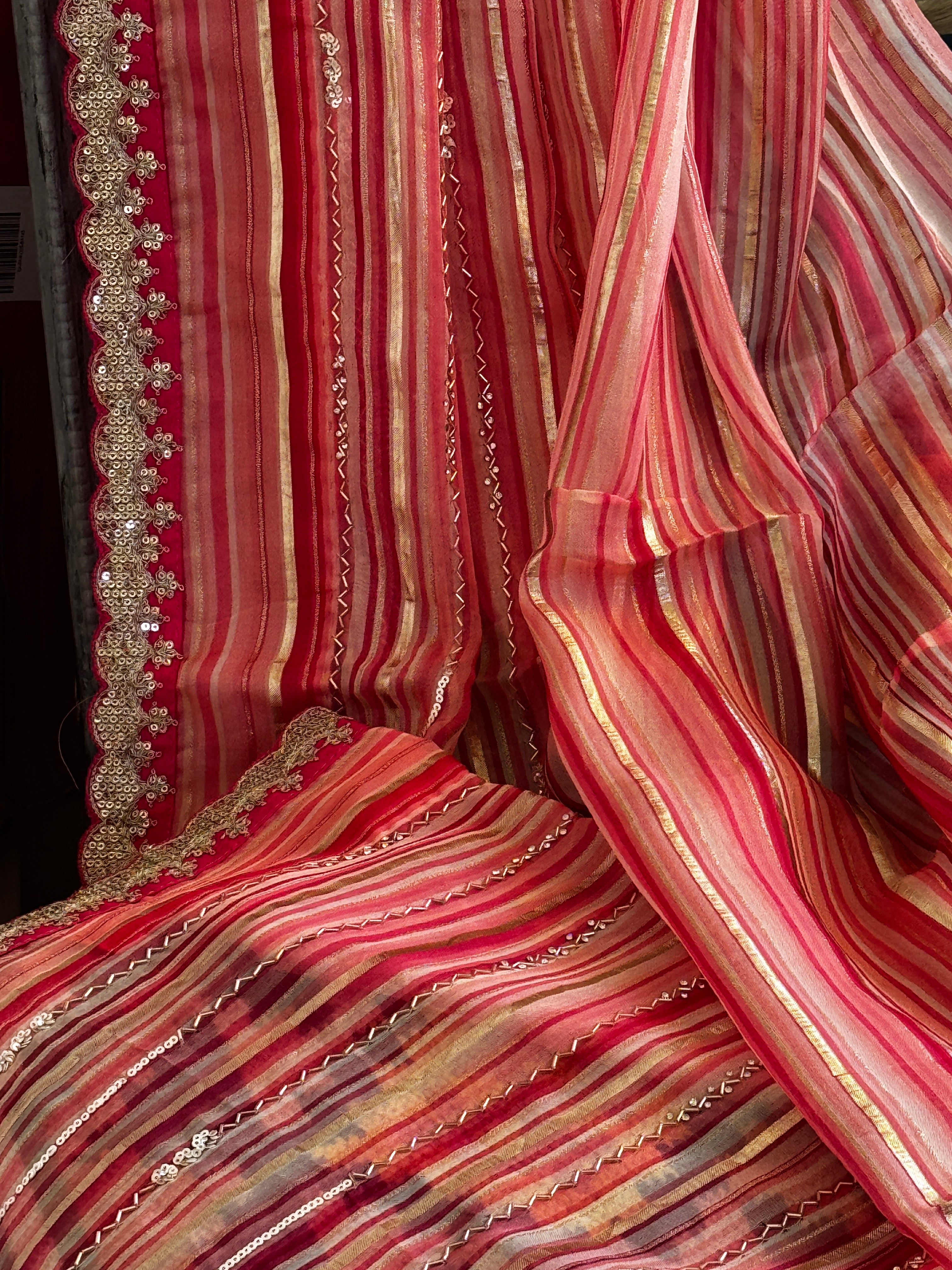 Organza Saree with stripes, sequin and gota lace - baby pink