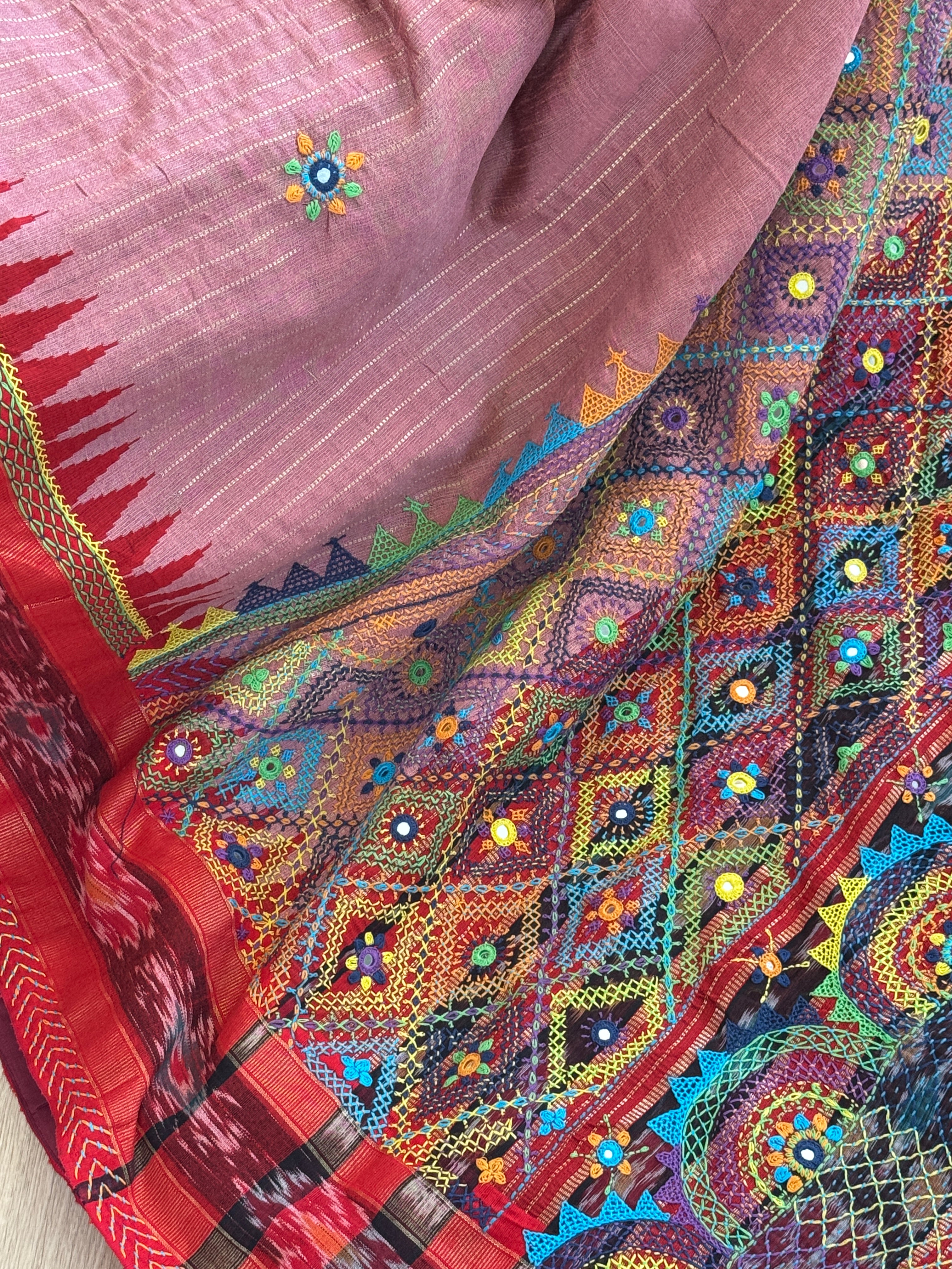 Lambani Embroidery on raw silk saree - light pink