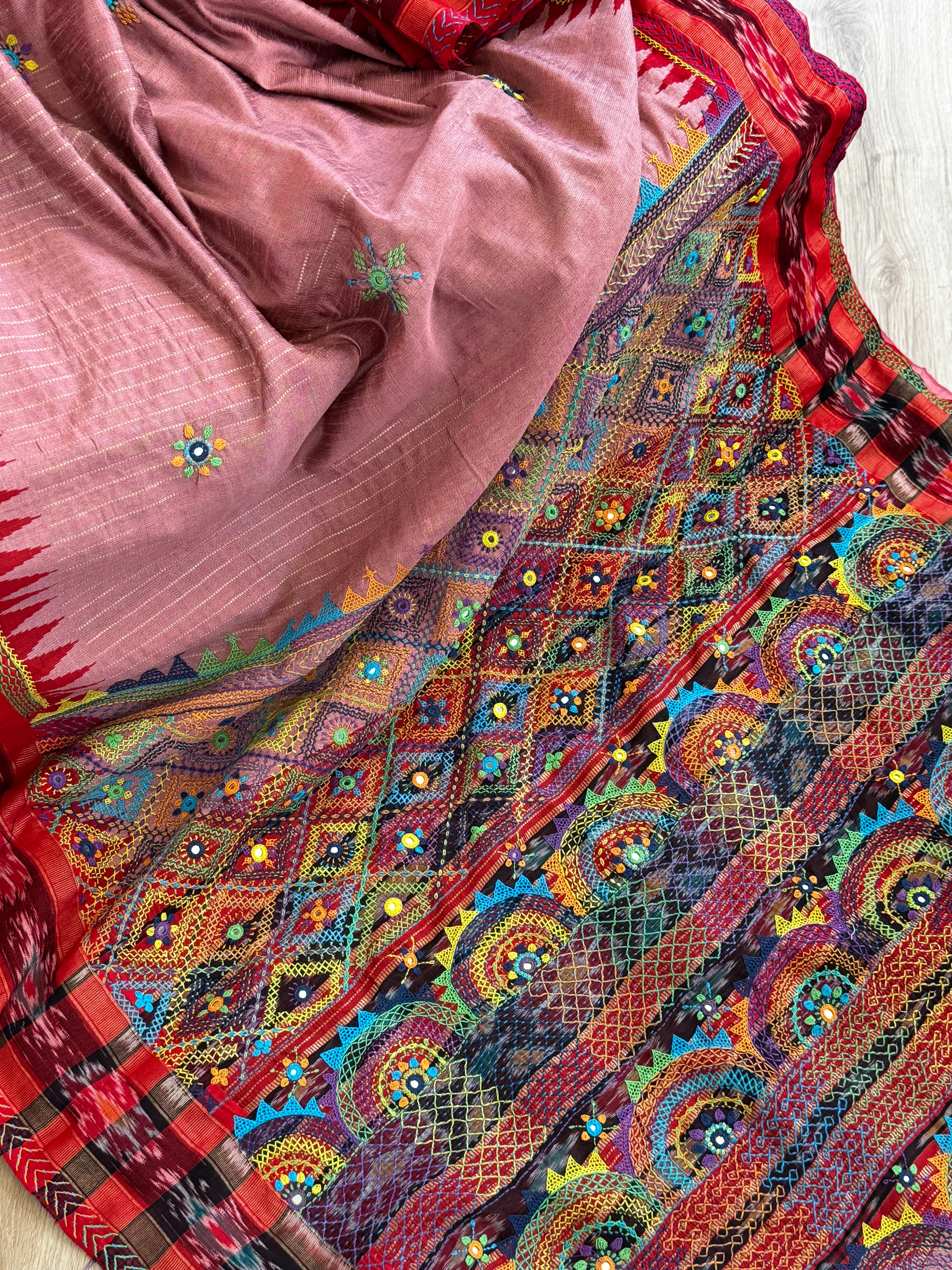 Lambani Embroidery on raw silk saree - light pink