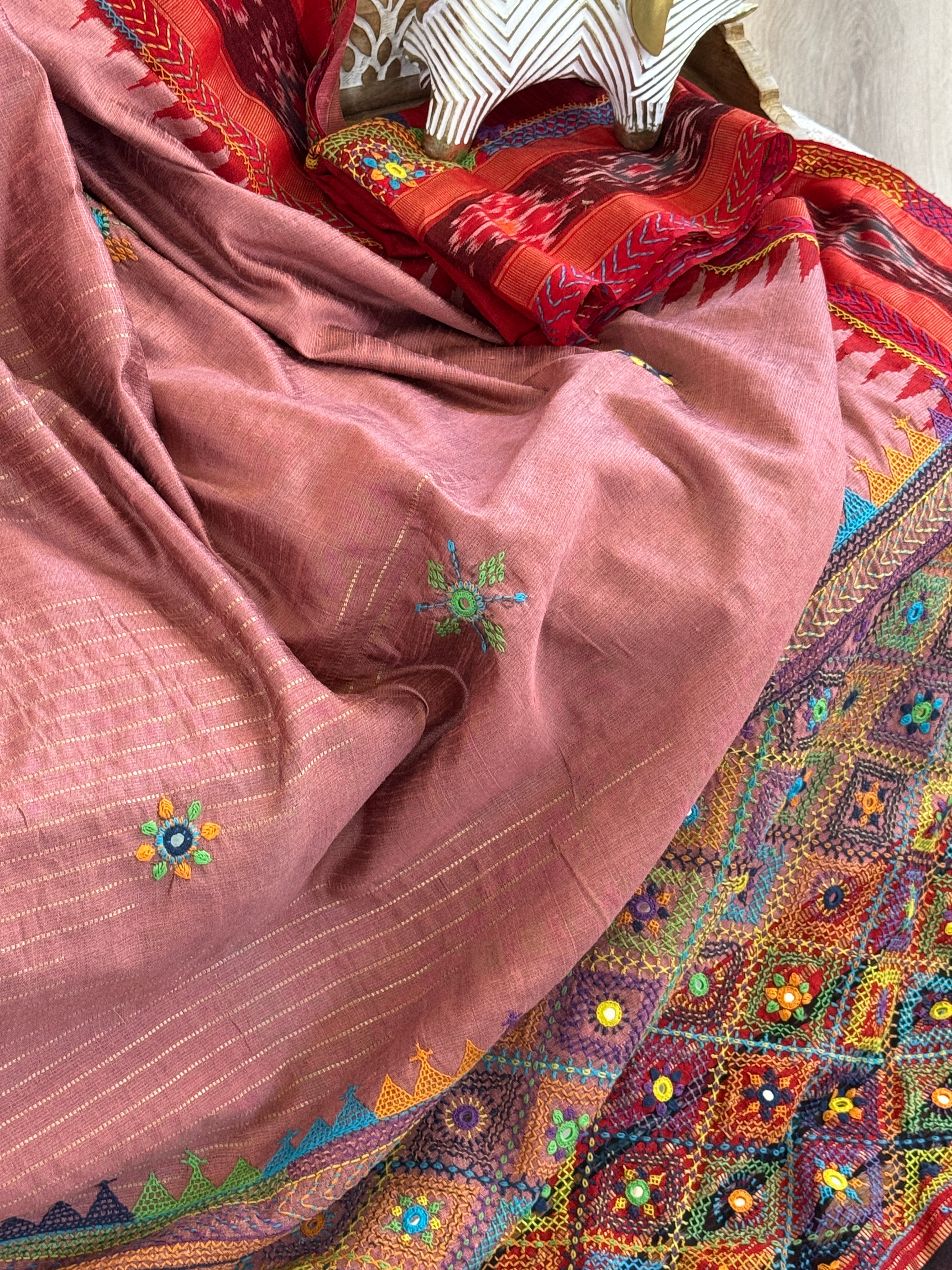 Lambani Embroidery on raw silk saree - light pink