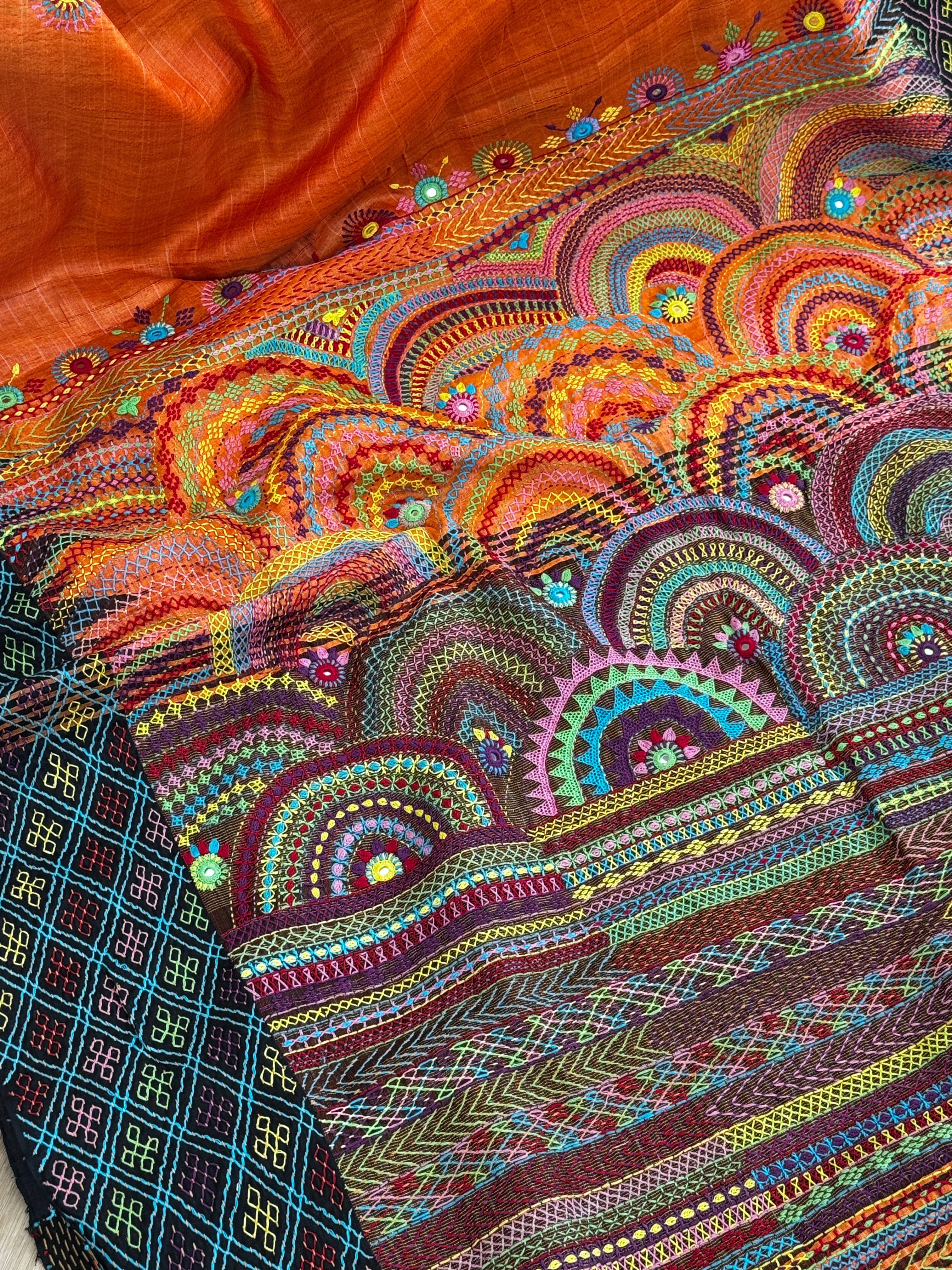 Lambani Embroidery on raw silk saree - orange