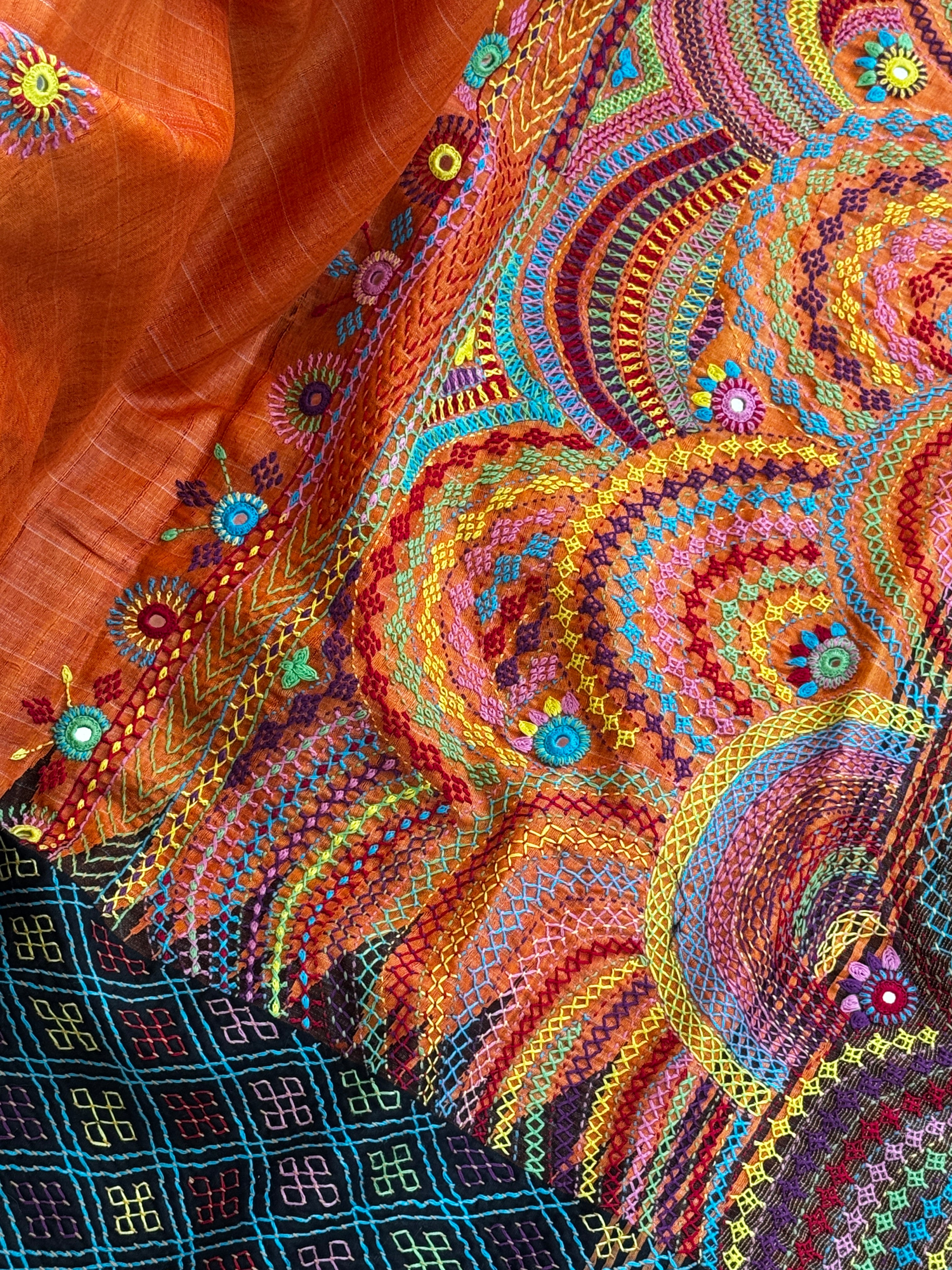 Lambani Embroidery on raw silk saree - orange