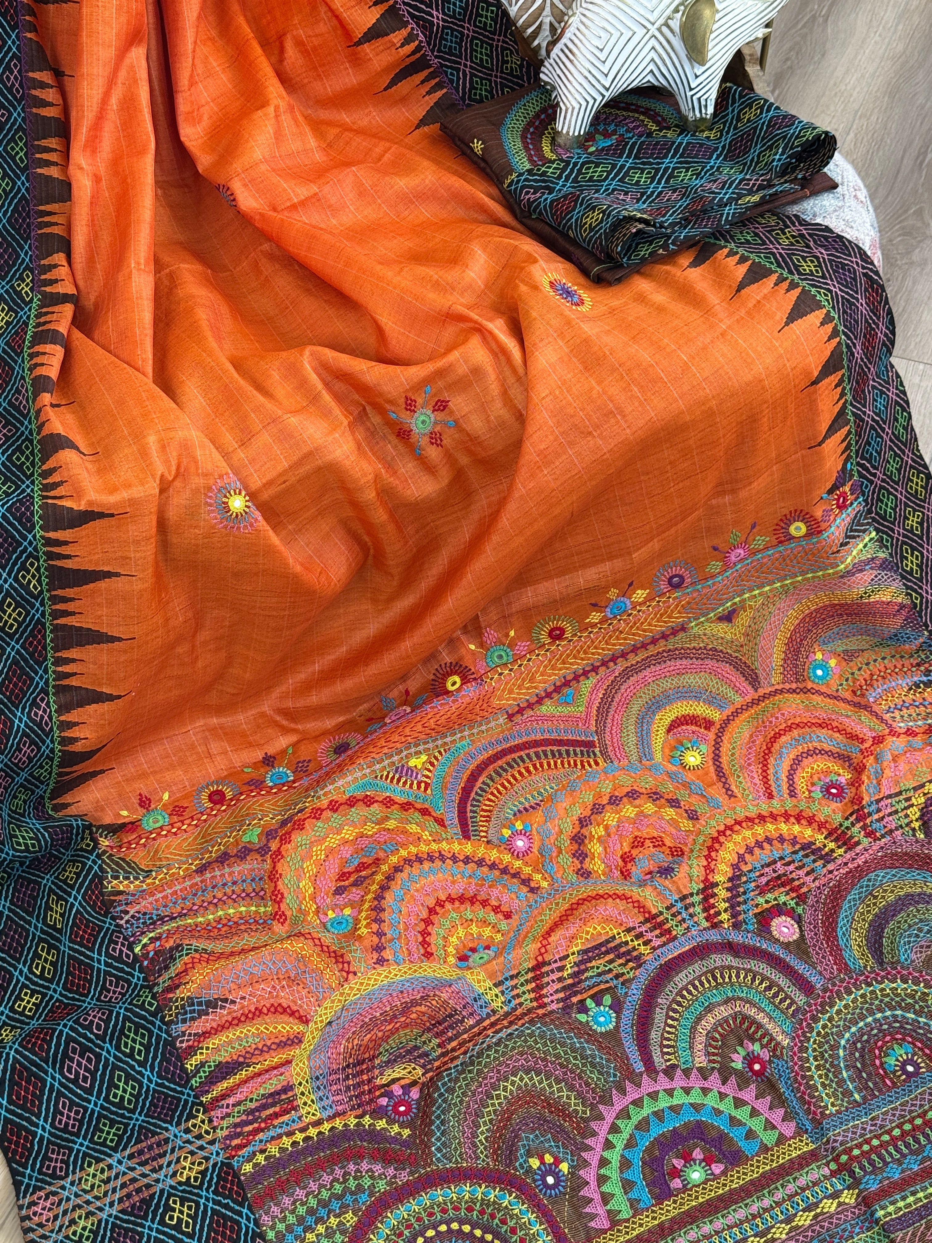 Lambani Embroidery on raw silk saree - orange