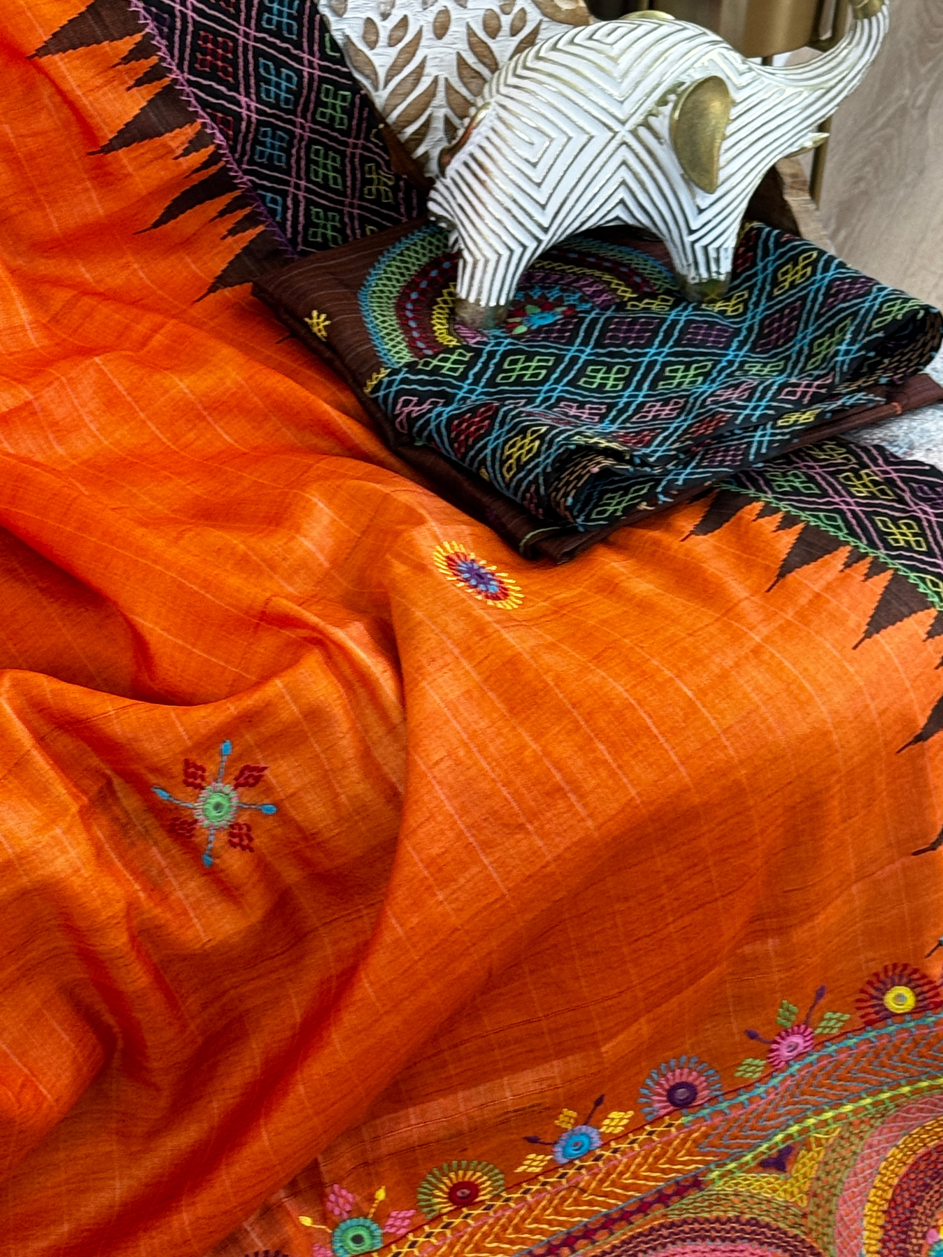 Lambani Embroidery on raw silk saree - orange