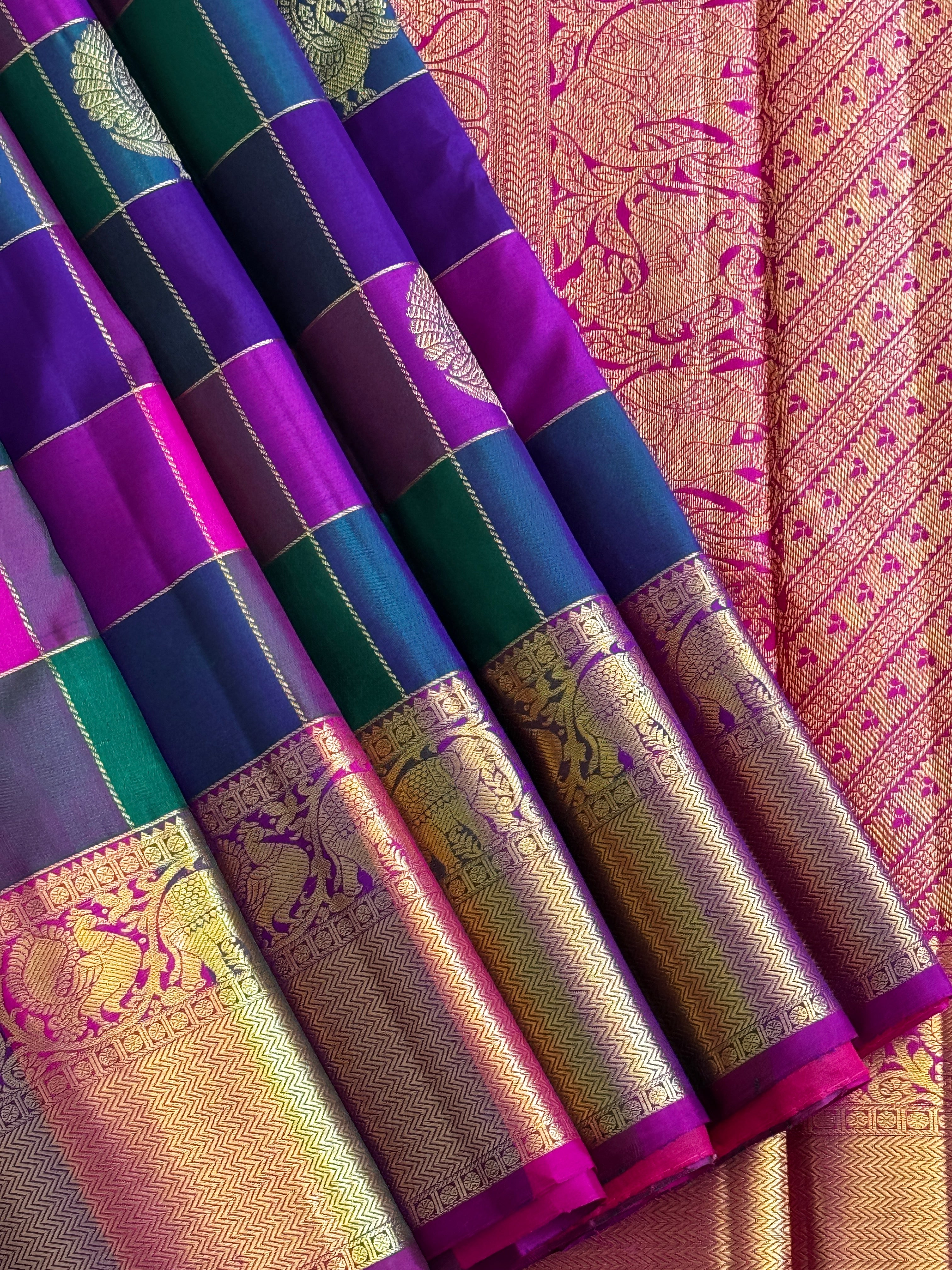 Multicolor Palum Pazhamum Kanjivaram Silk Saree With Zari Buttas And Zari Border