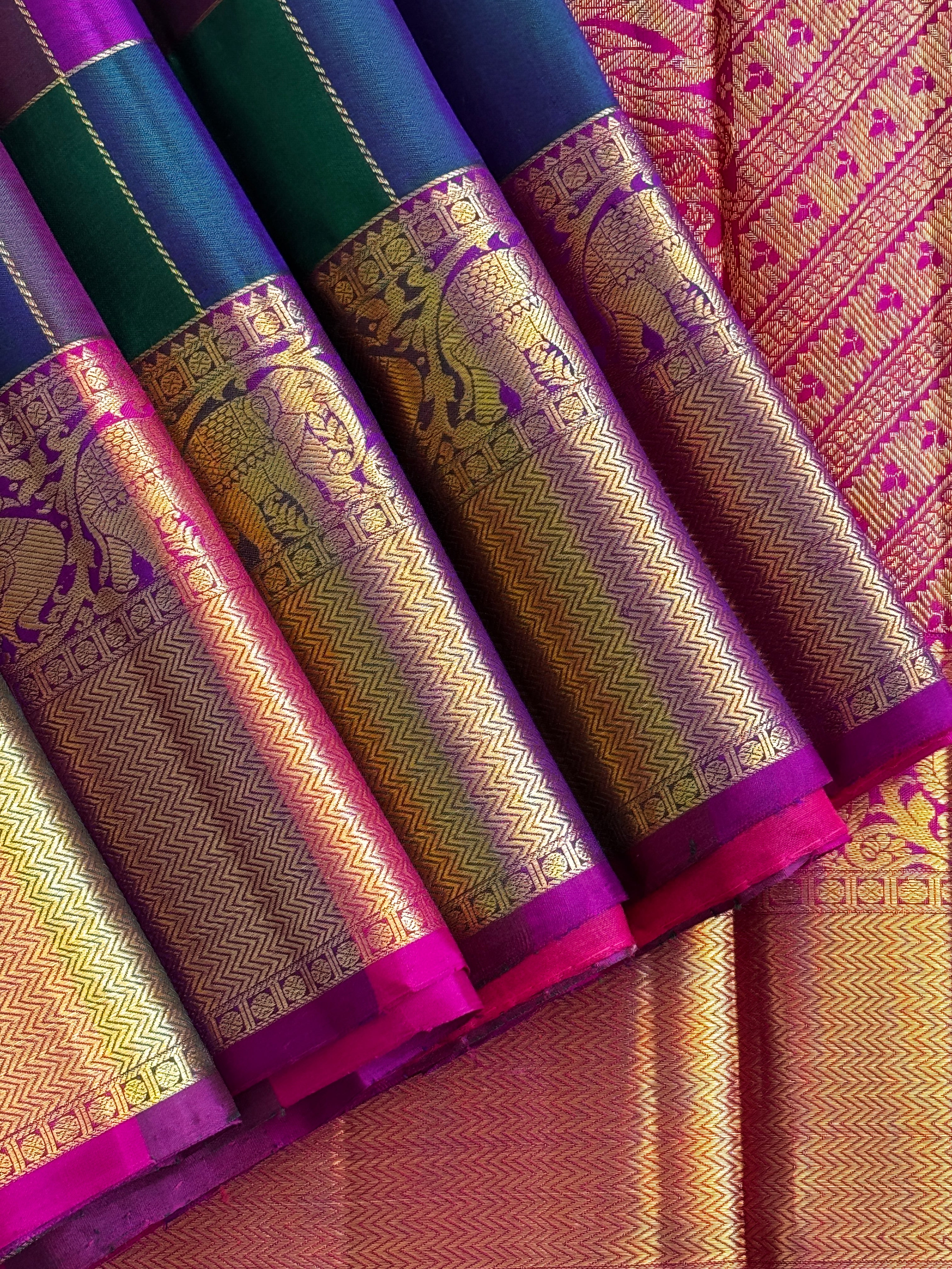 Multicolor Palum Pazhamum Kanjivaram Silk Saree With Zari Buttas And Zari Border