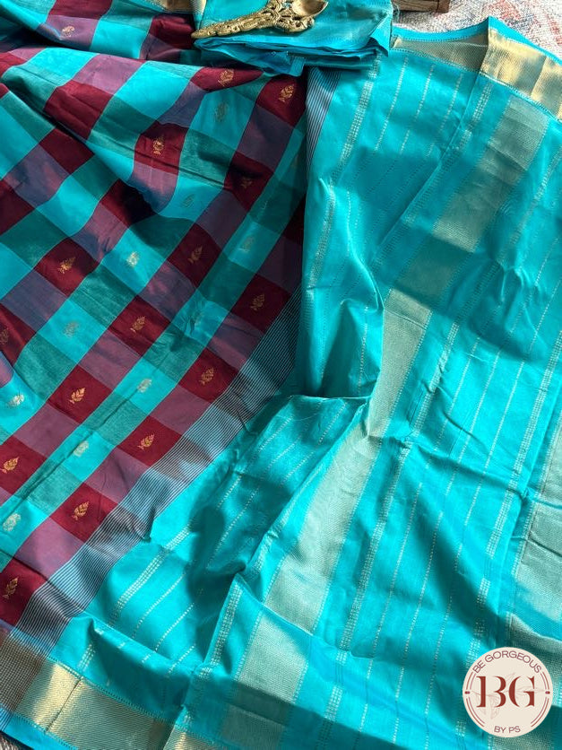 Kanjeevaram silk cotton handloom saree in checker pattern - Sky Blue