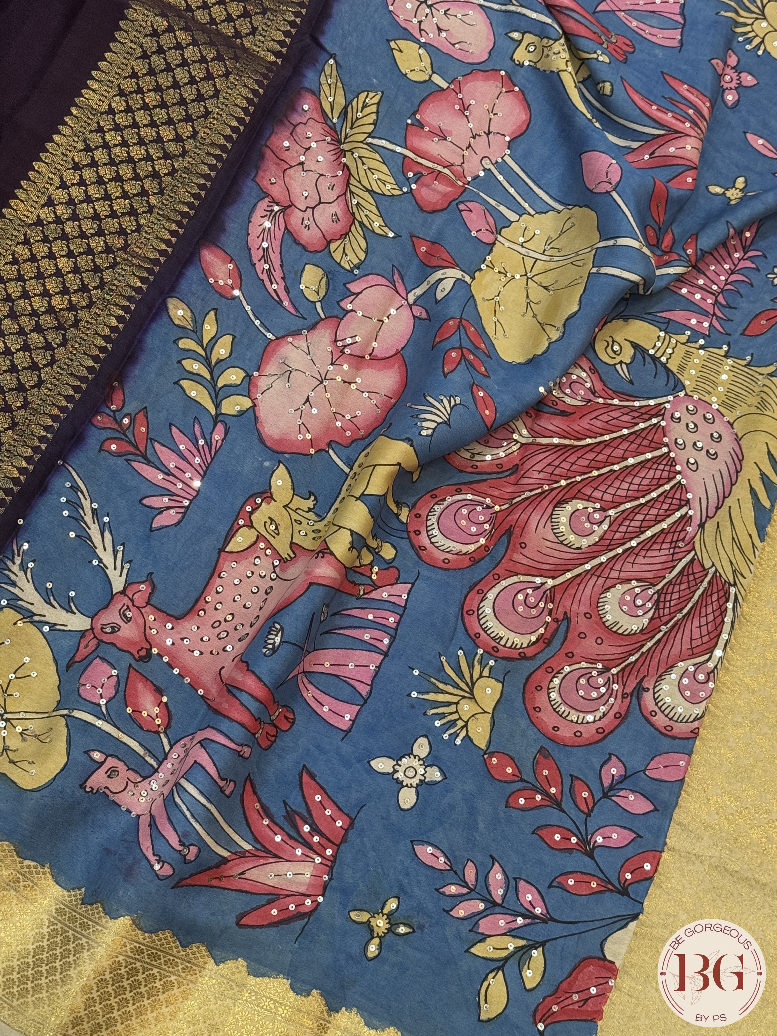 Mysore silk saree with handpainted kalamkari pallu - Purple