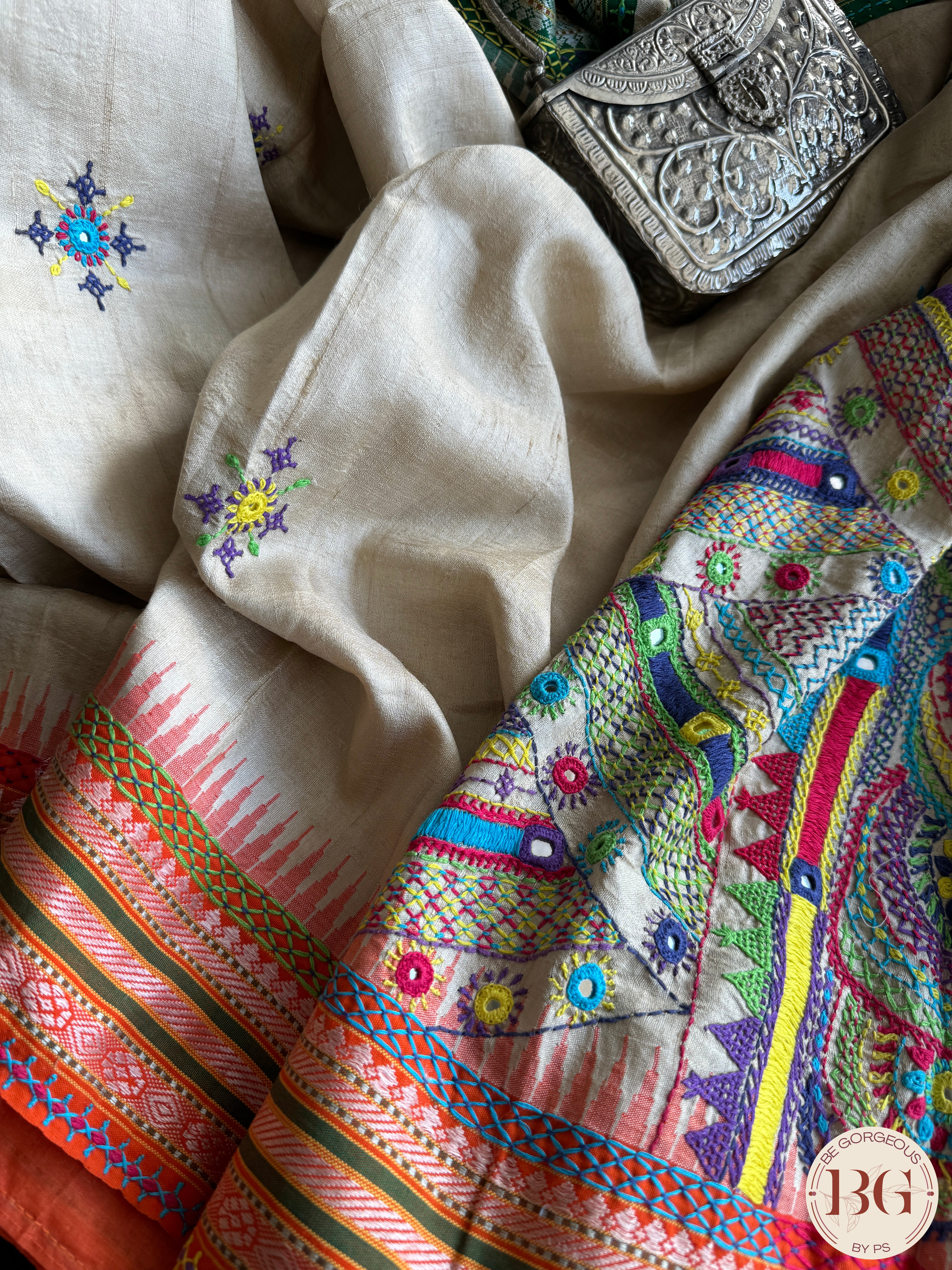 Lambani hand embroidery with mirror detailing on vidharba tussar - Beige