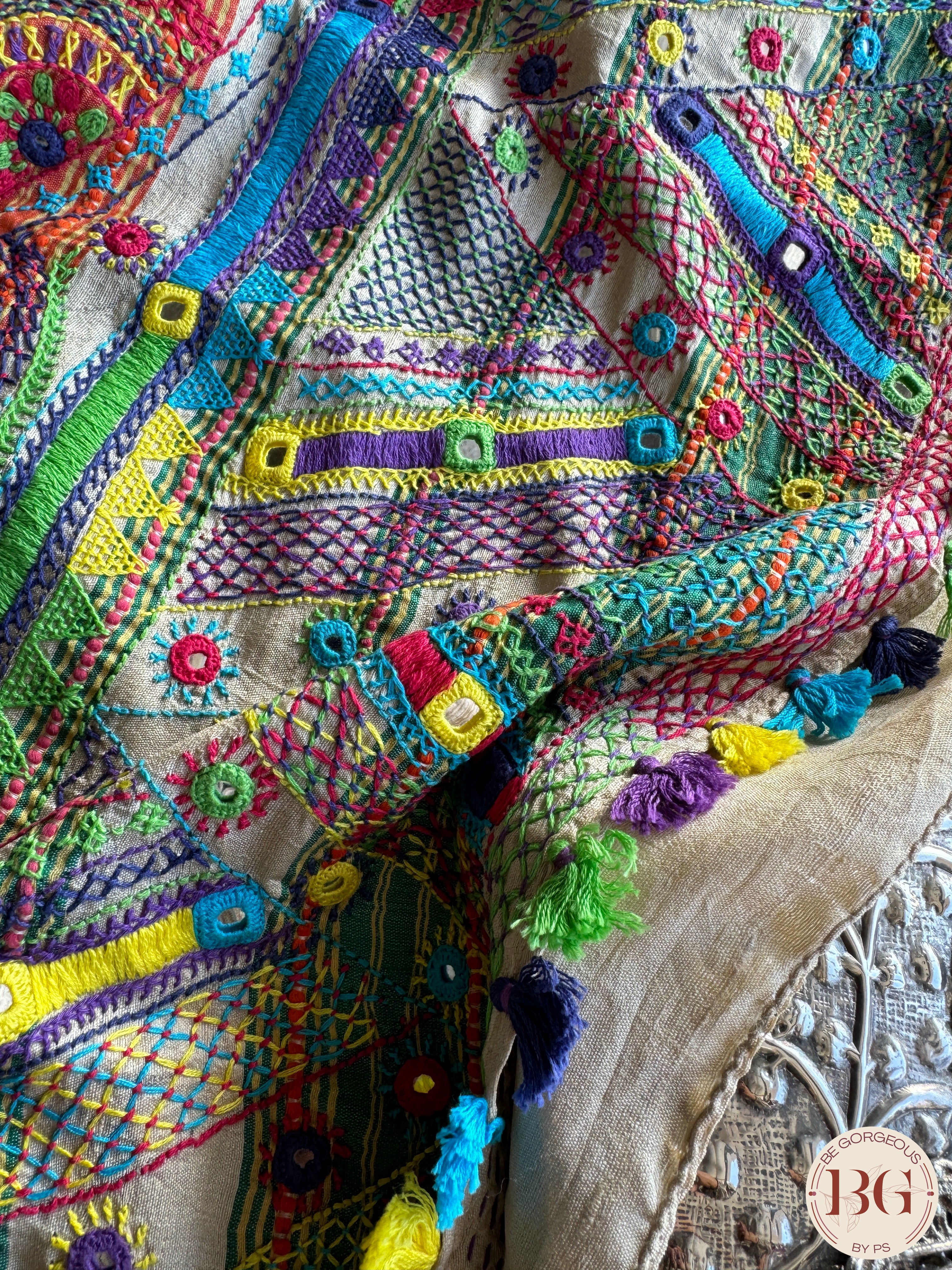 Lambani hand embroidery with mirror detailing on vidharba tussar - Beige