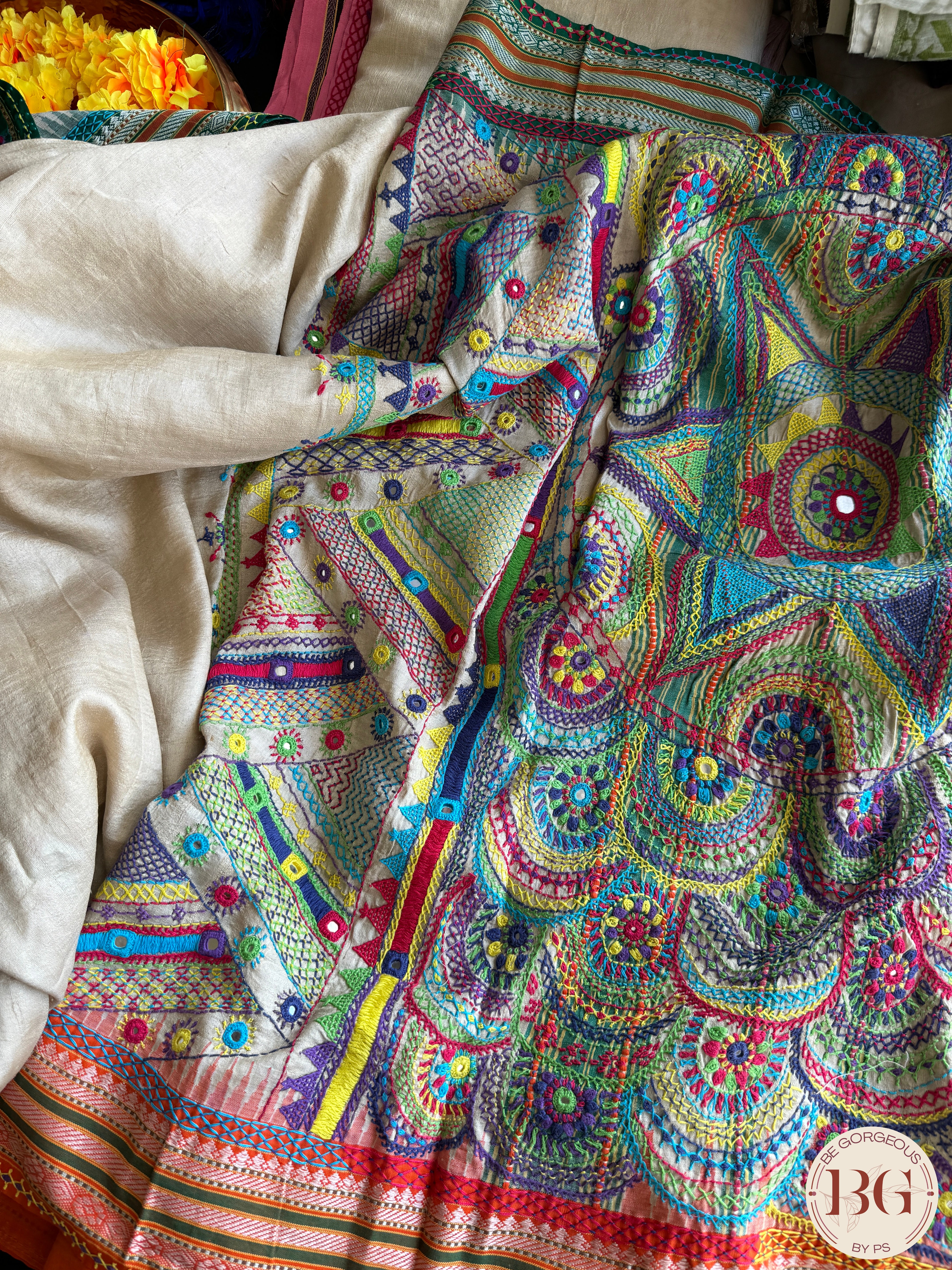 Lambani hand embroidery with mirror detailing on vidharba tussar - Beige