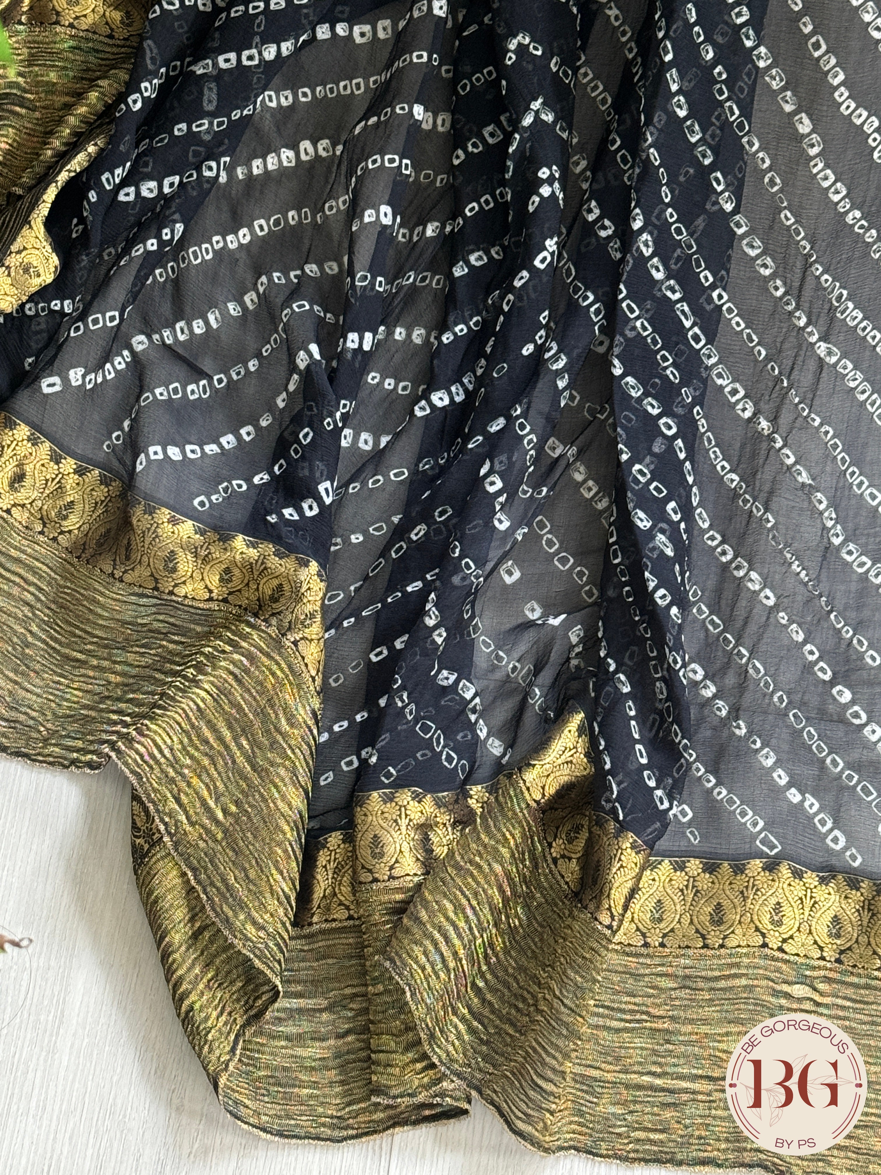 Bandhej miniature bandhani on pure chiffon - black color