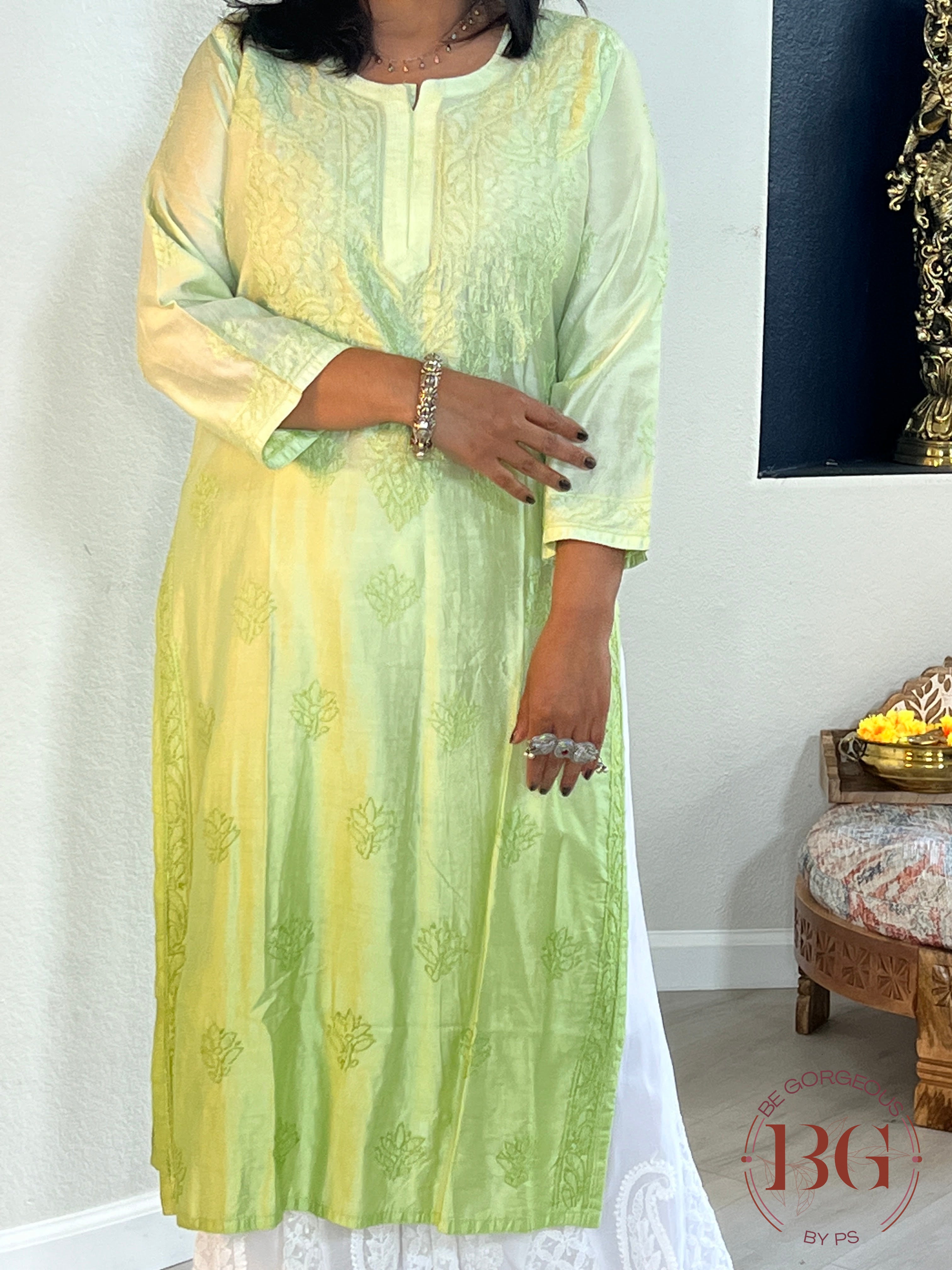 Muslin Silk Shaded Chikankari Pista Green Kurti