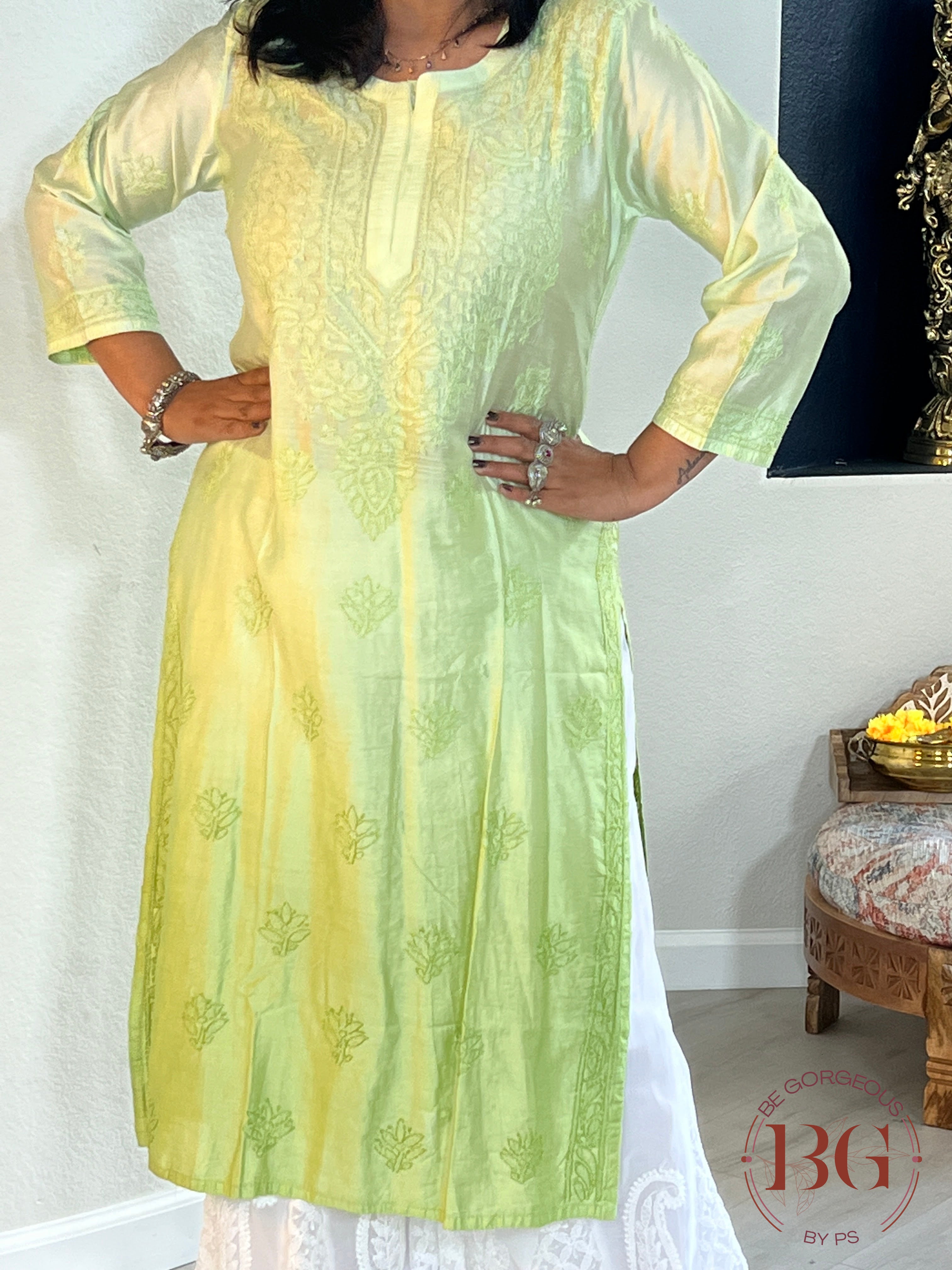 Muslin Silk Shaded Chikankari Pista Green Kurti