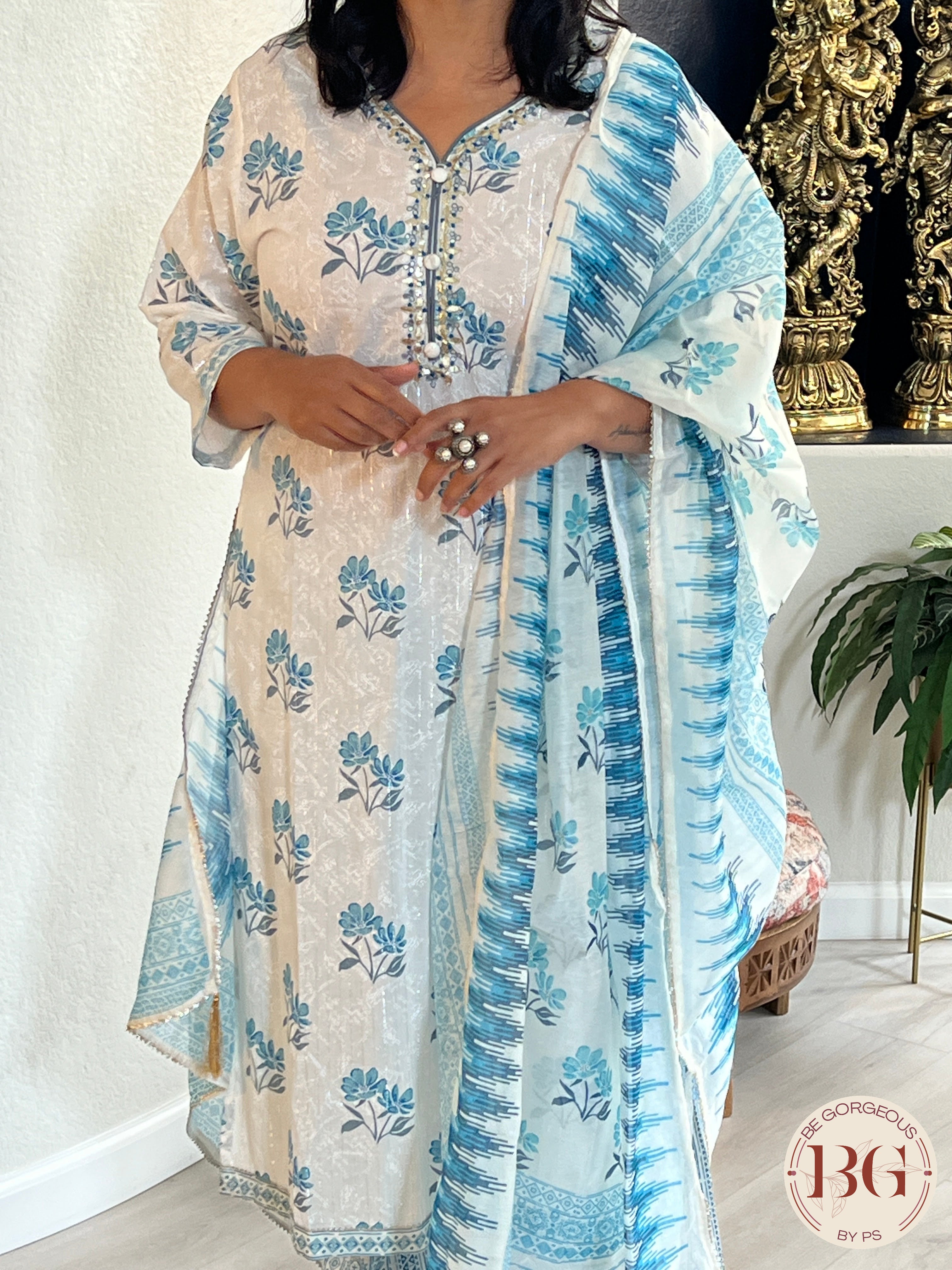 3-piece dupatta set in beautiful blue and cream color combination with floral prints and full size dupatta