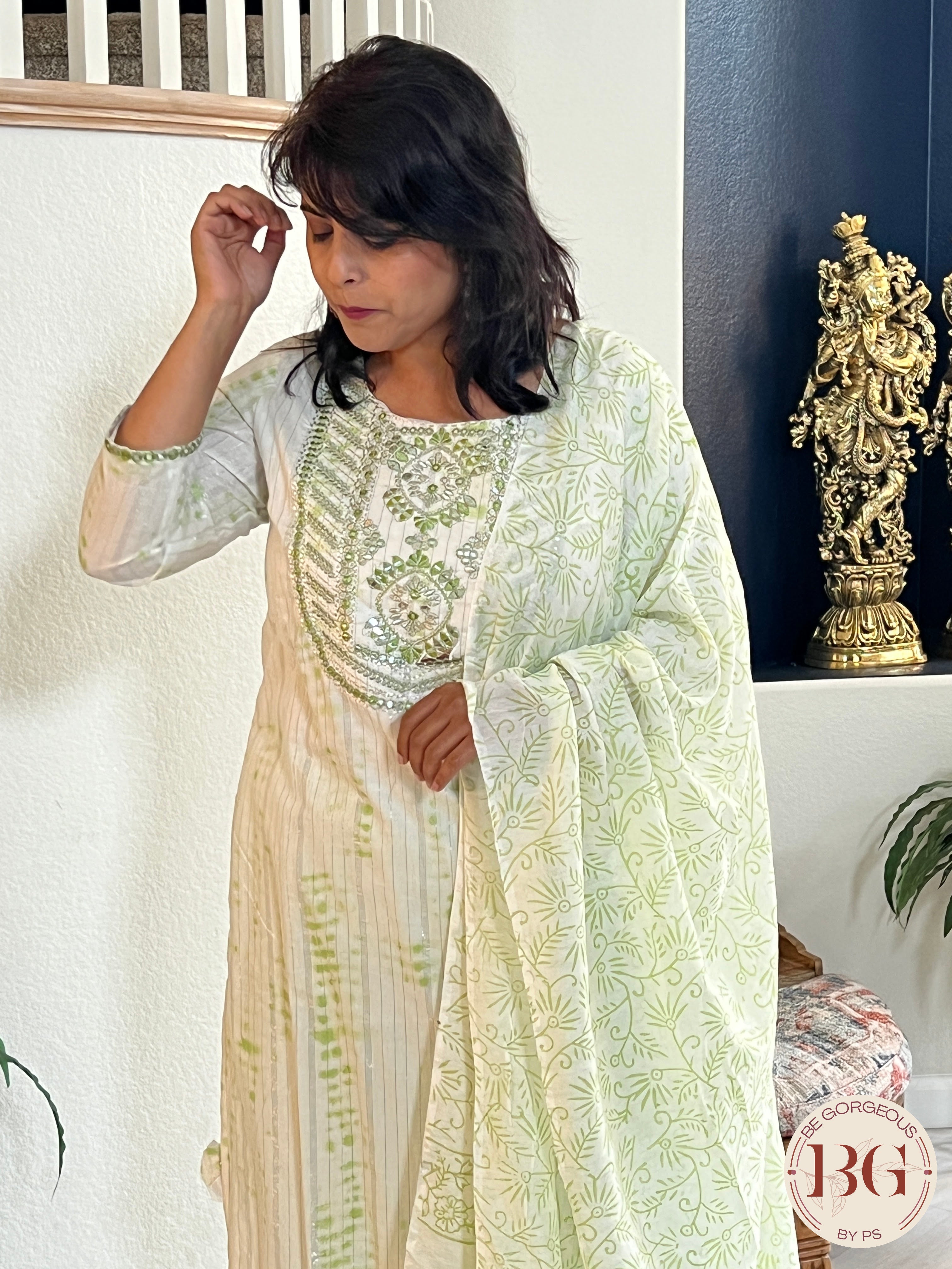 3-piece dupatta set in beautiful green and cream color combination with floral prints and full size dupatta