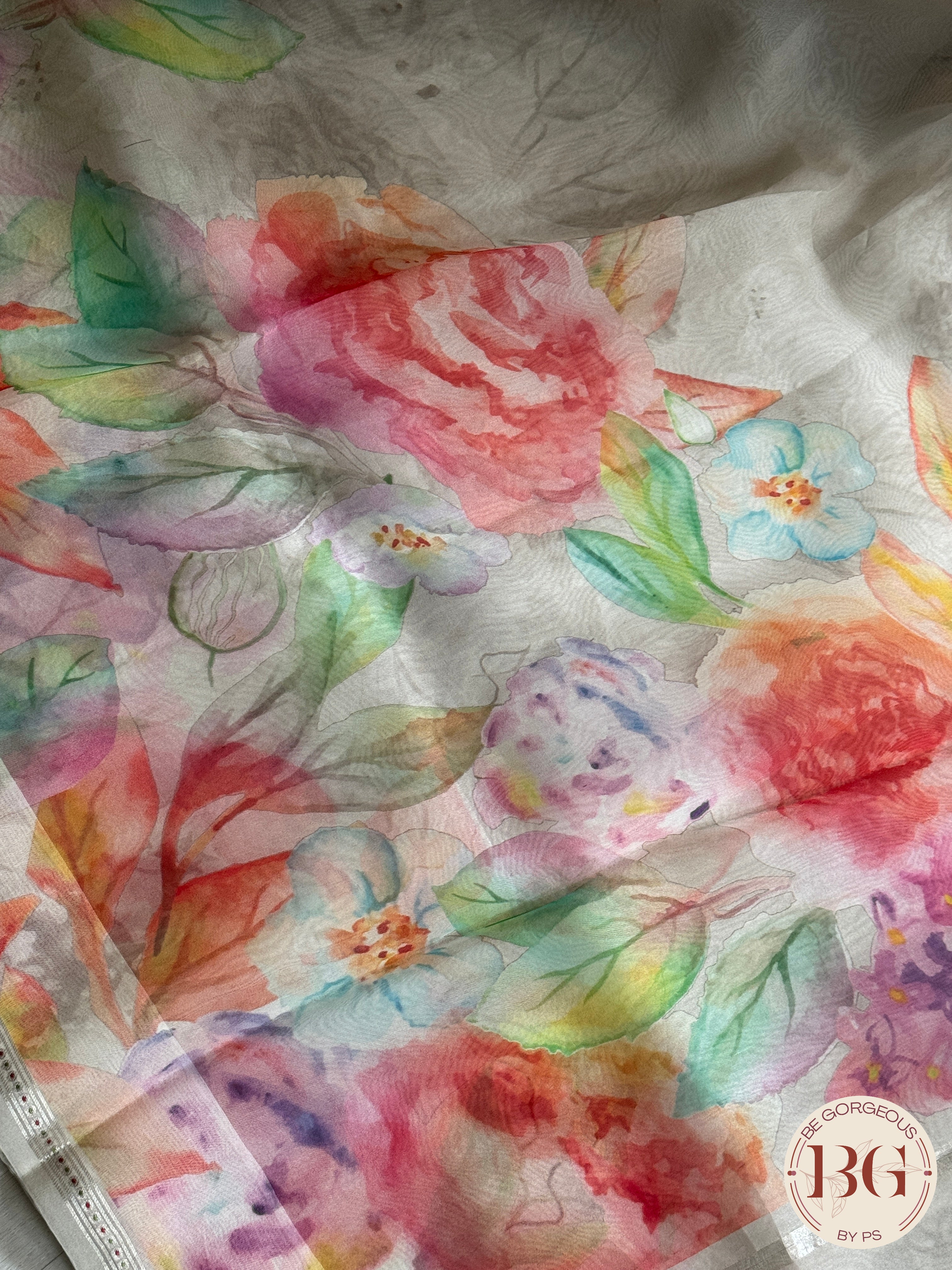 Organza Silk Saree with floral digital print - white