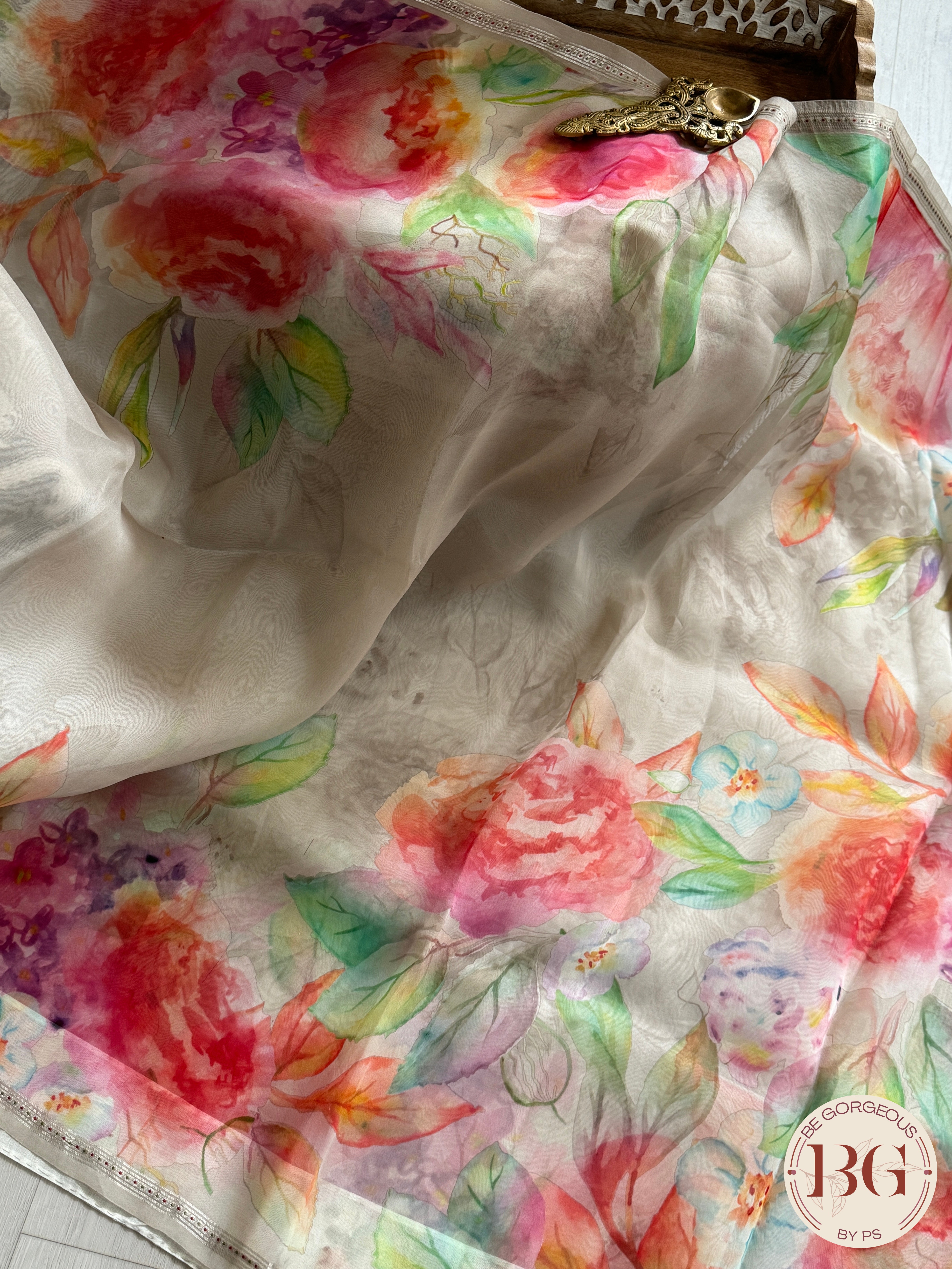 Organza Silk Saree with floral digital print - white