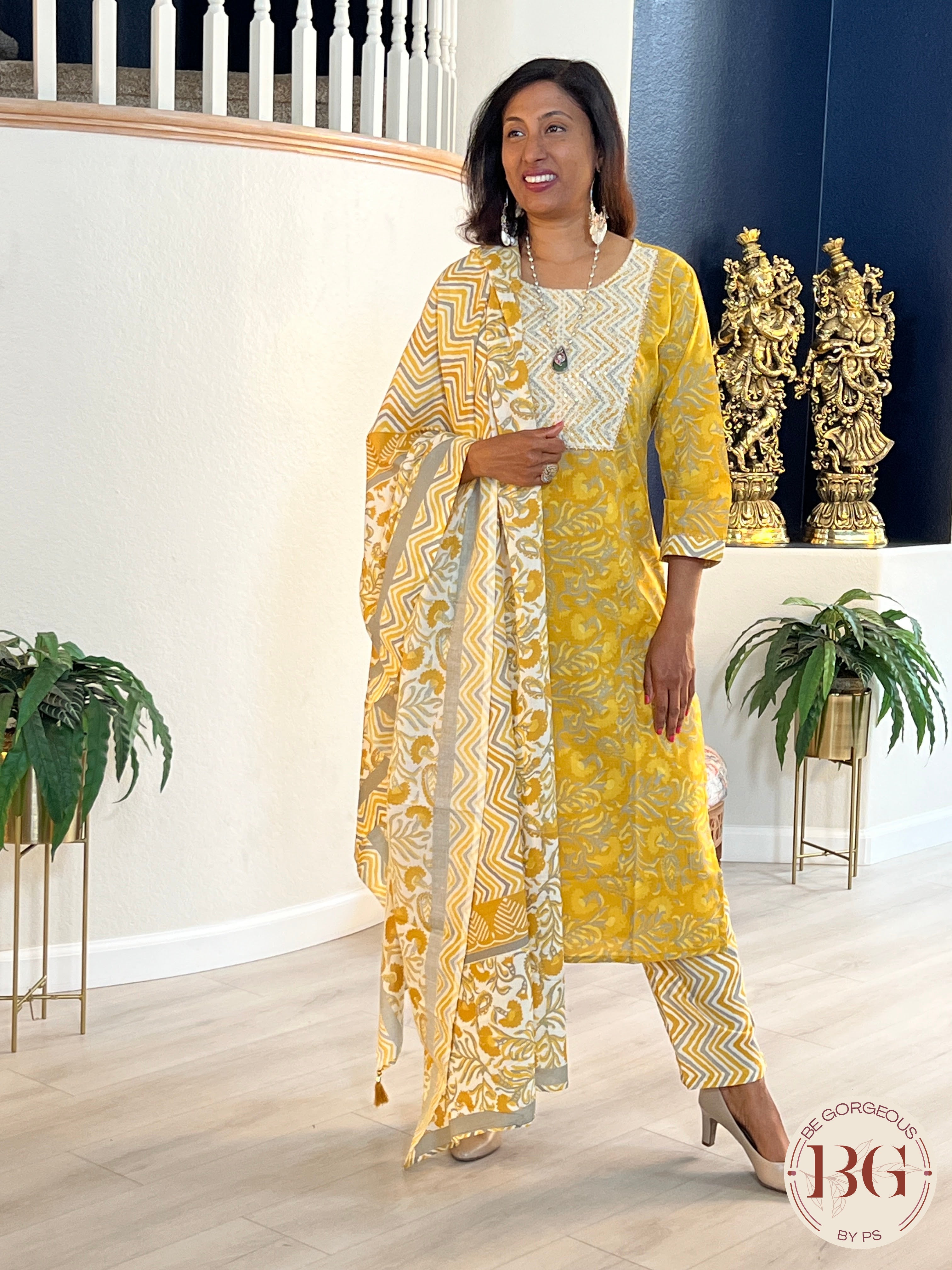 3-piece cotton dupatta set with thread work on neck and full size dupatta