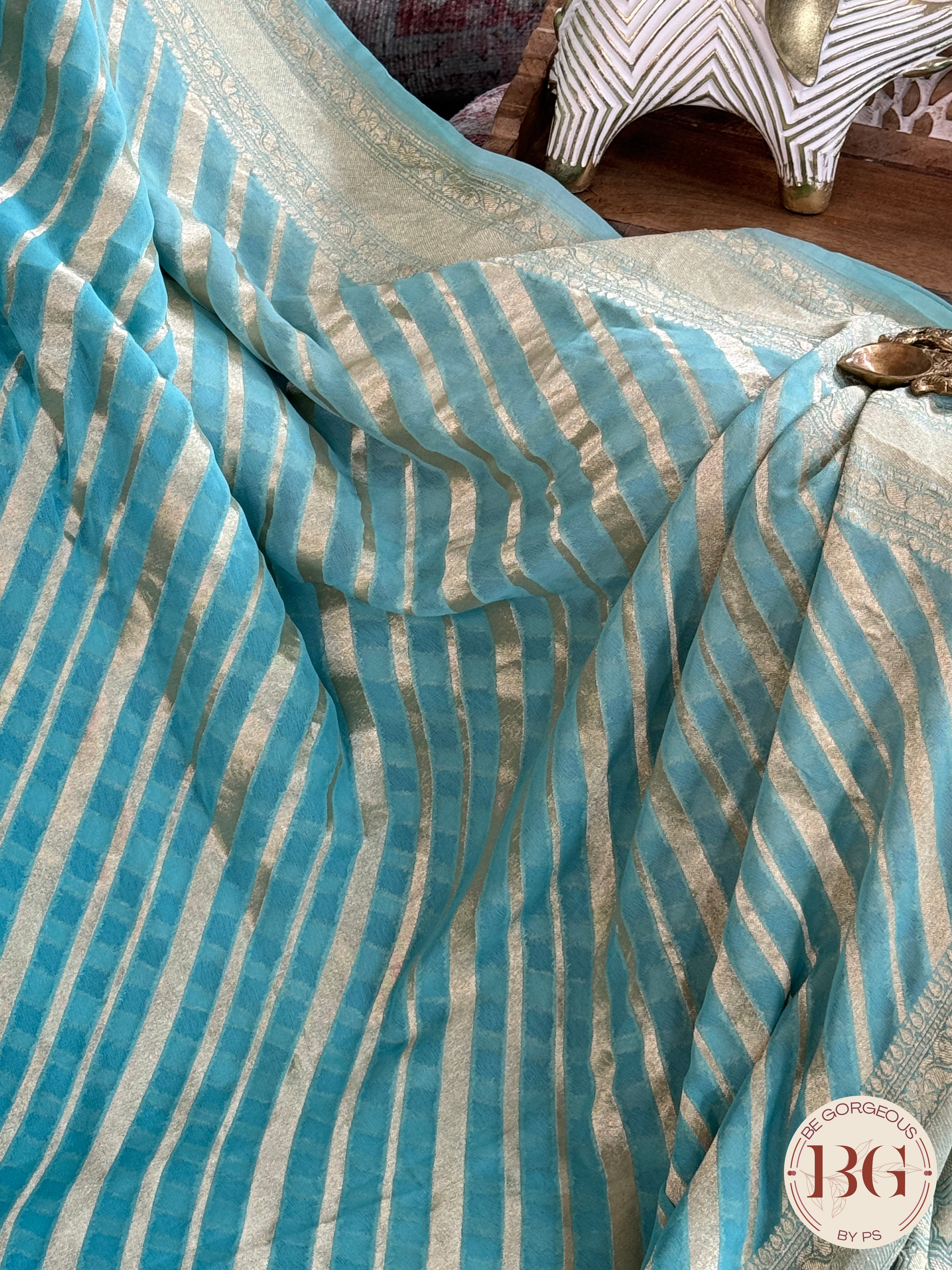 Banarasi Khaddi georgette saree - Blue Stripes
