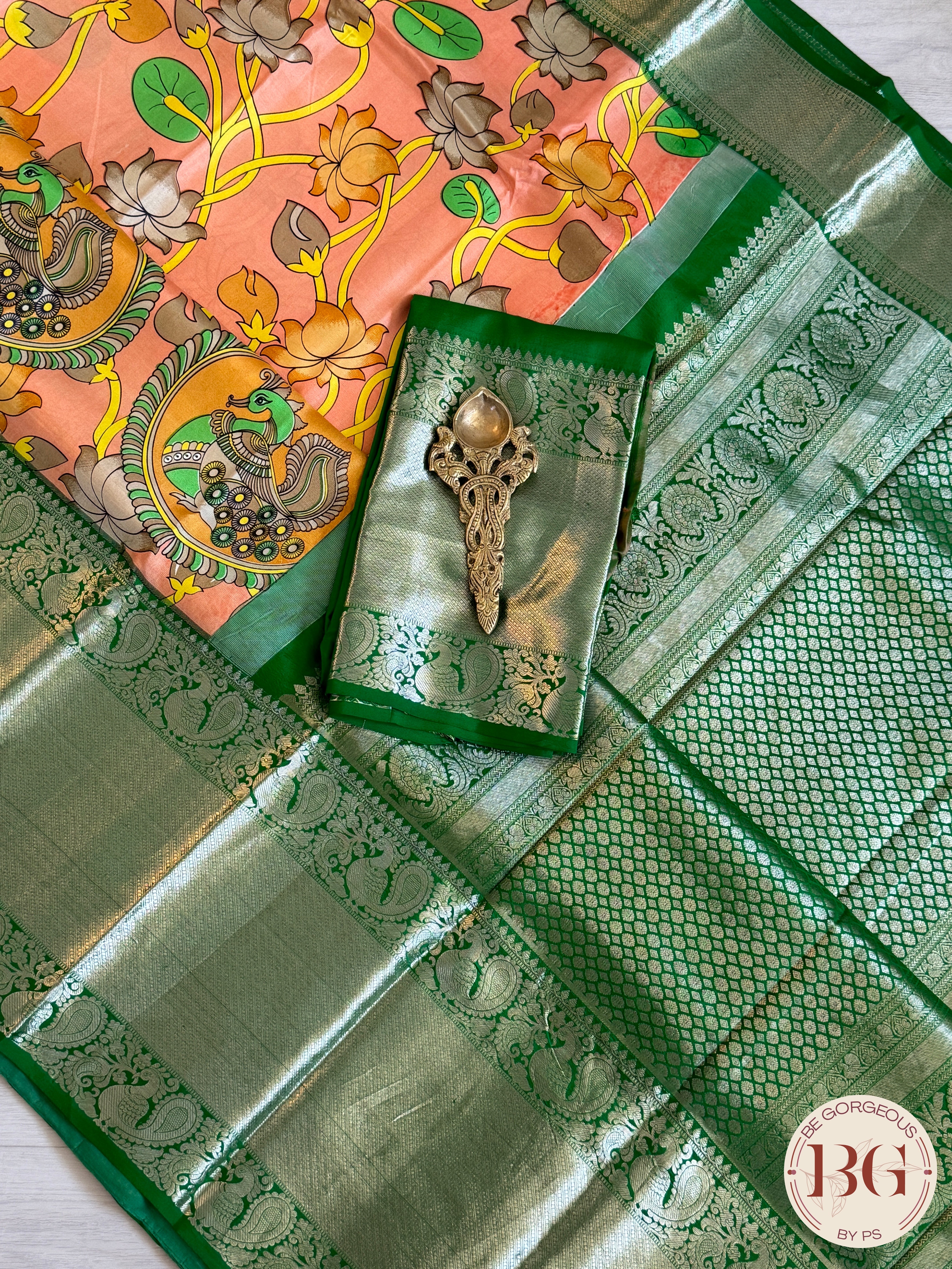 Kanjeevaram kalamkari pure silk saree - orange green