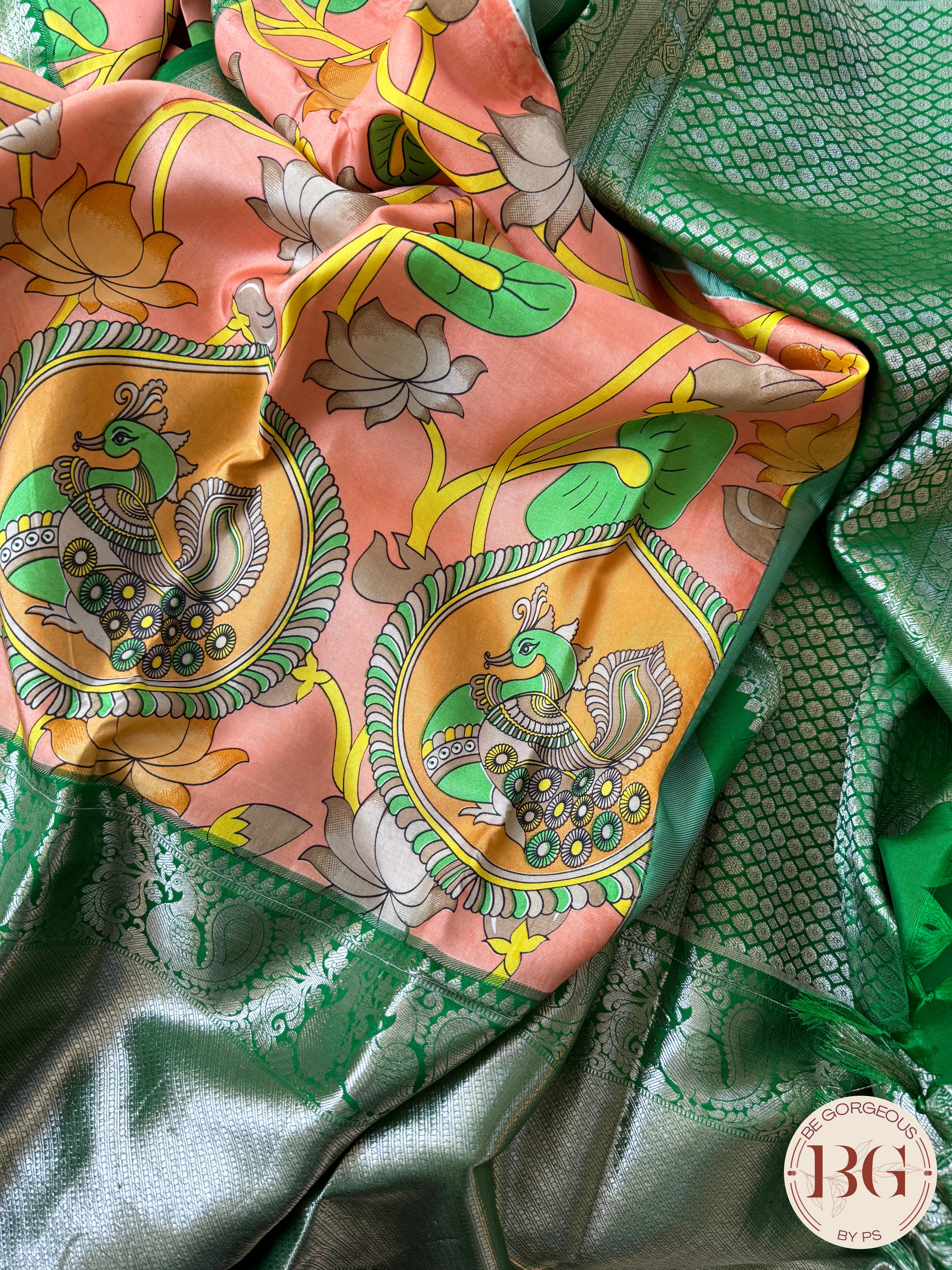 Kanjeevaram kalamkari pure silk saree - orange green