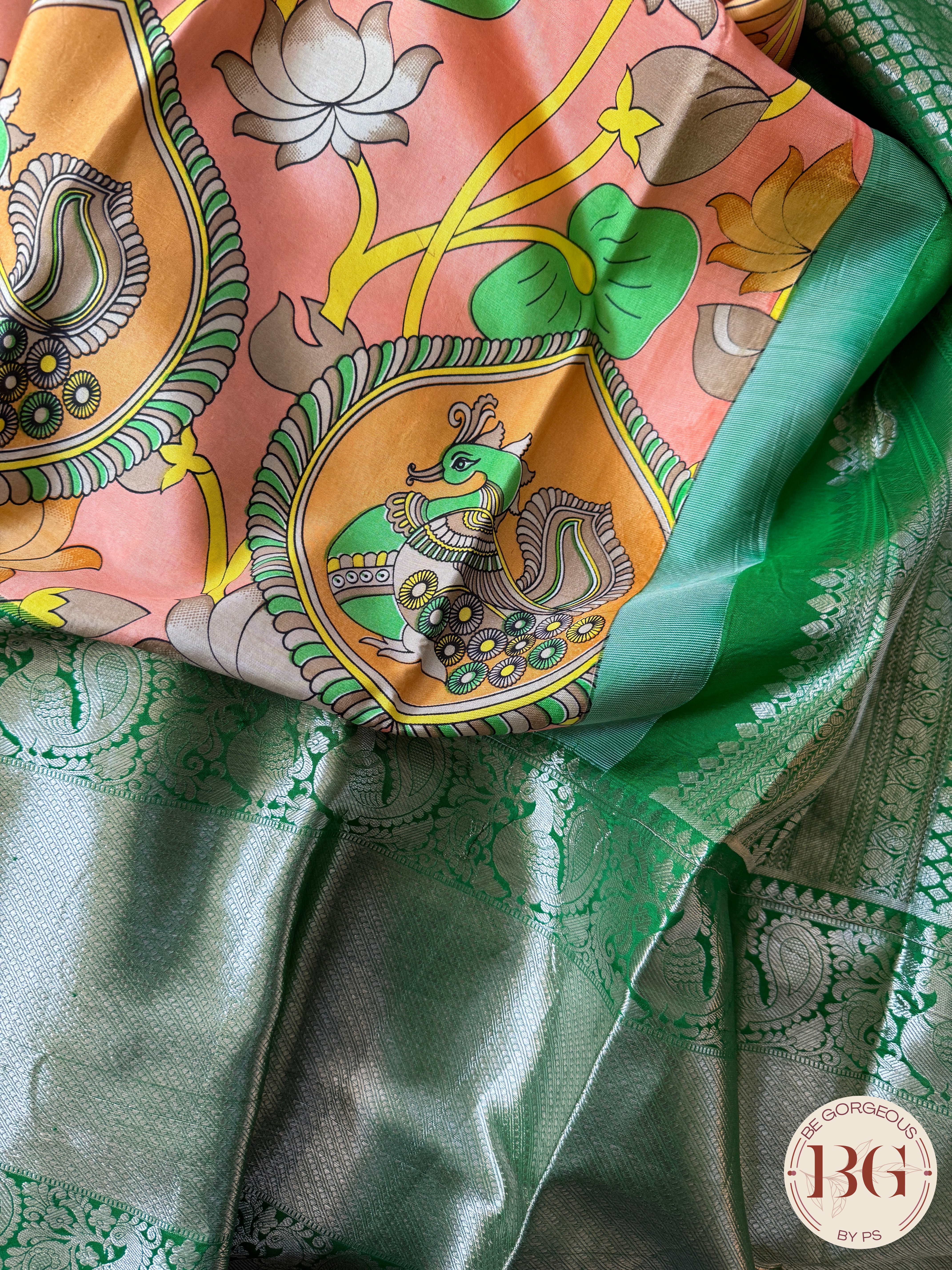 Kanjeevaram kalamkari pure silk saree - orange green