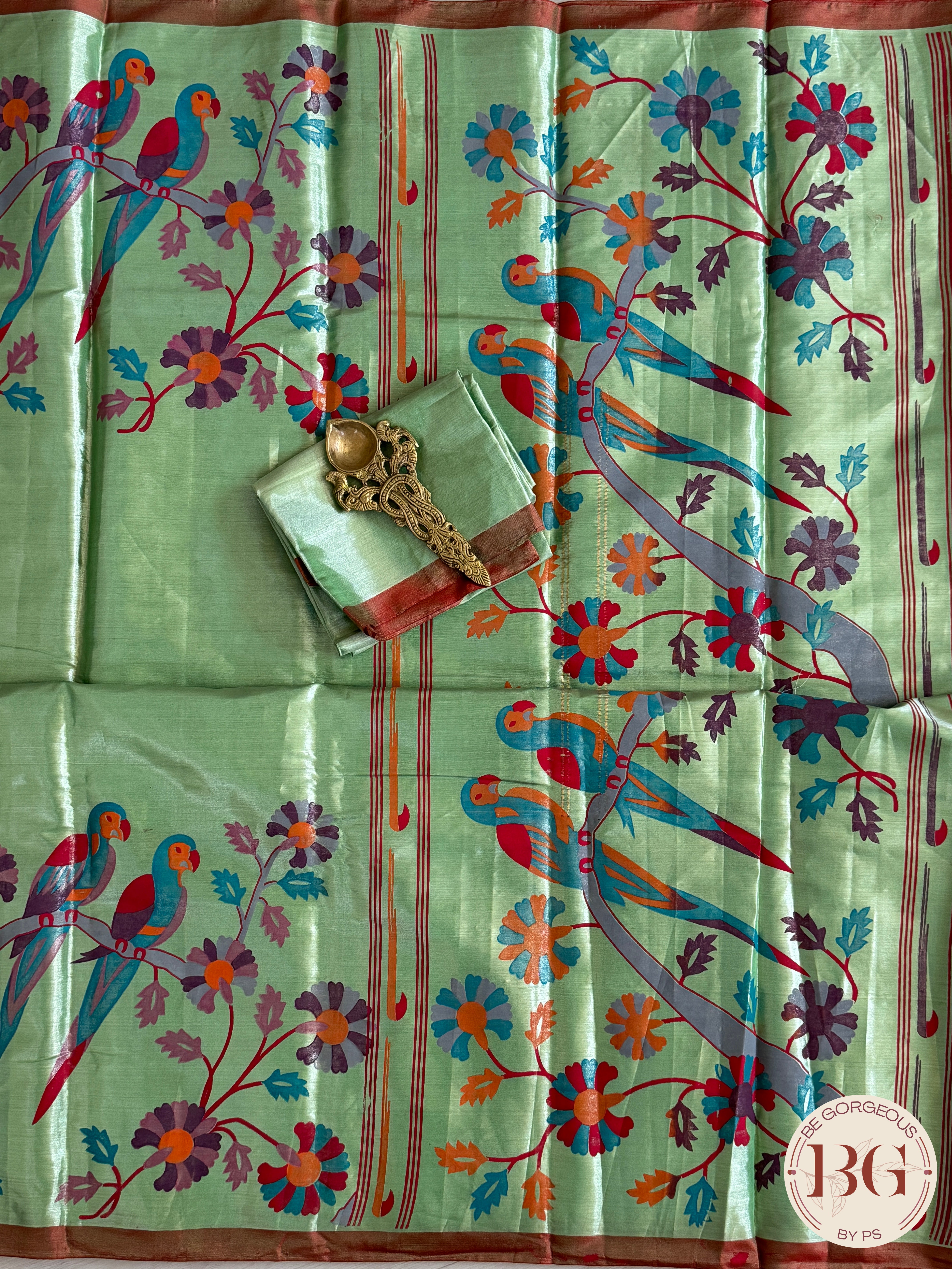 Kanjeevaram tissue kalamkari pure silk saree - parrot motifs - green