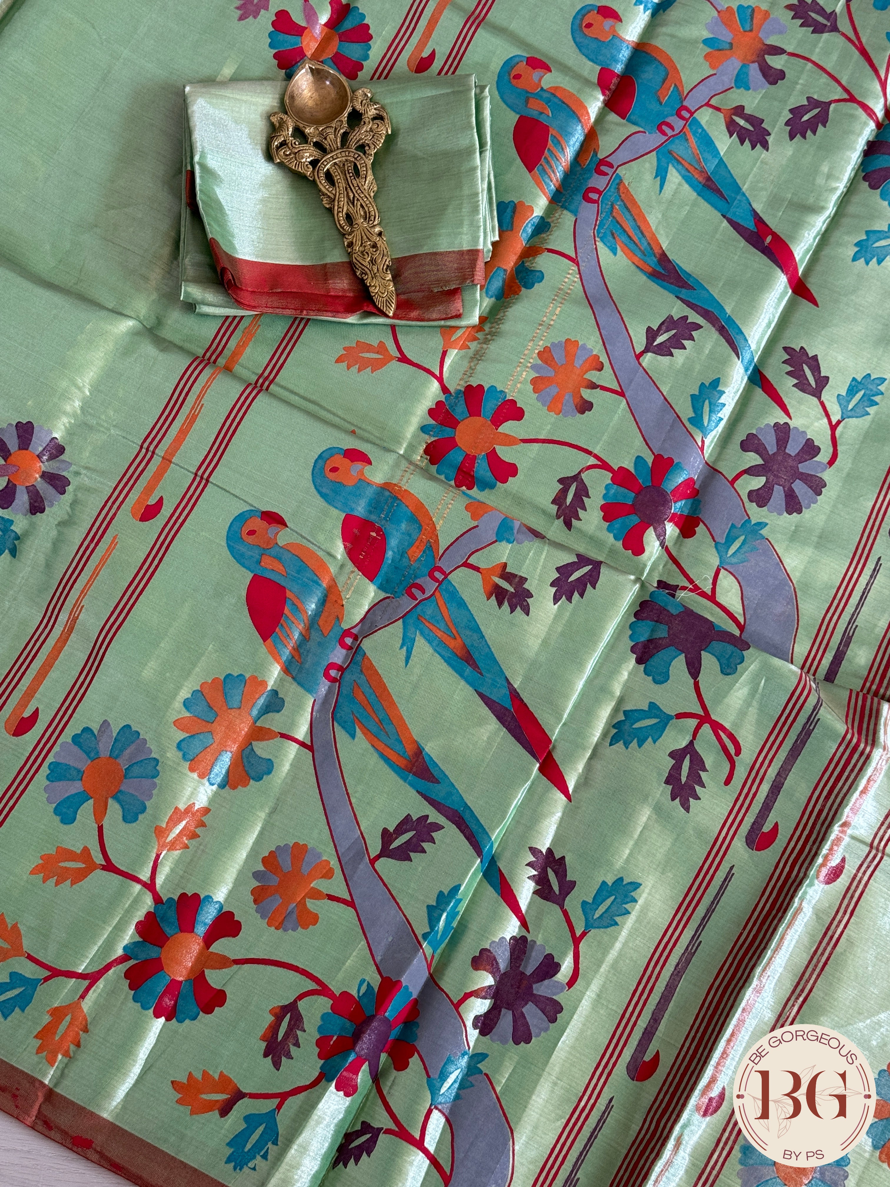 Kanjeevaram tissue kalamkari pure silk saree - parrot motifs - green