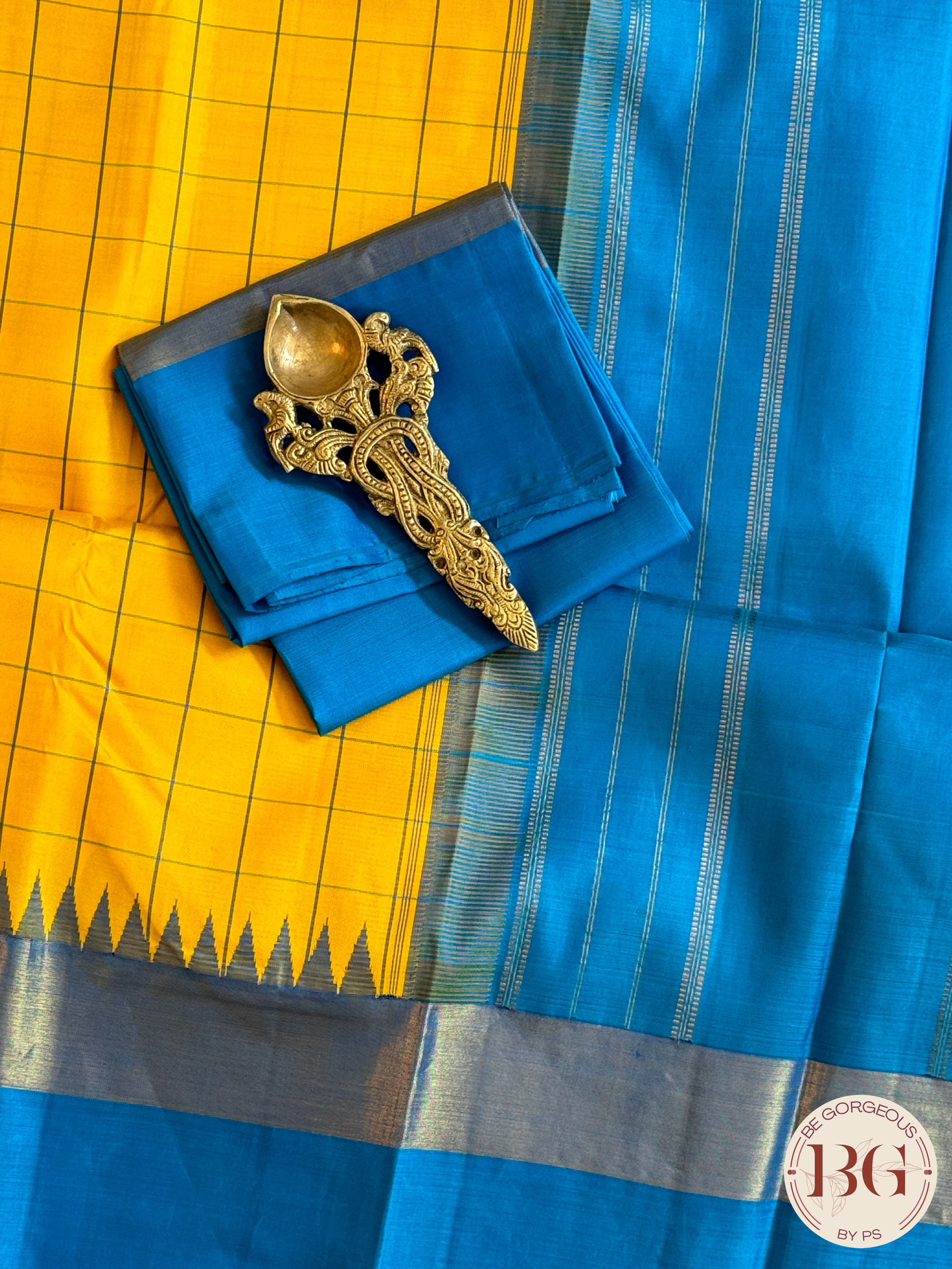 Kanjeevaram pure silk handloom saree - yellow blue big checker