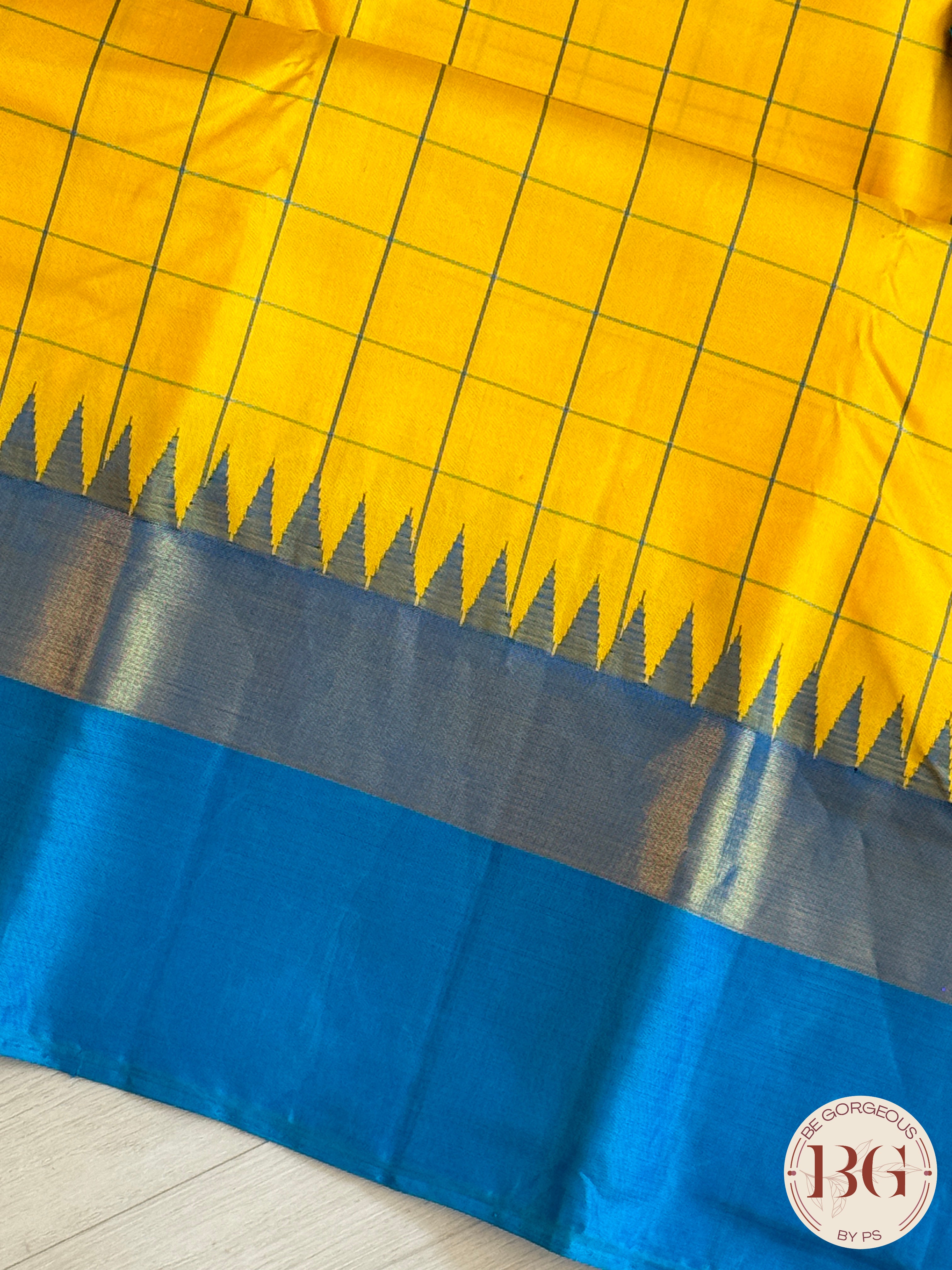 Kanjeevaram pure silk handloom saree - yellow blue big checker