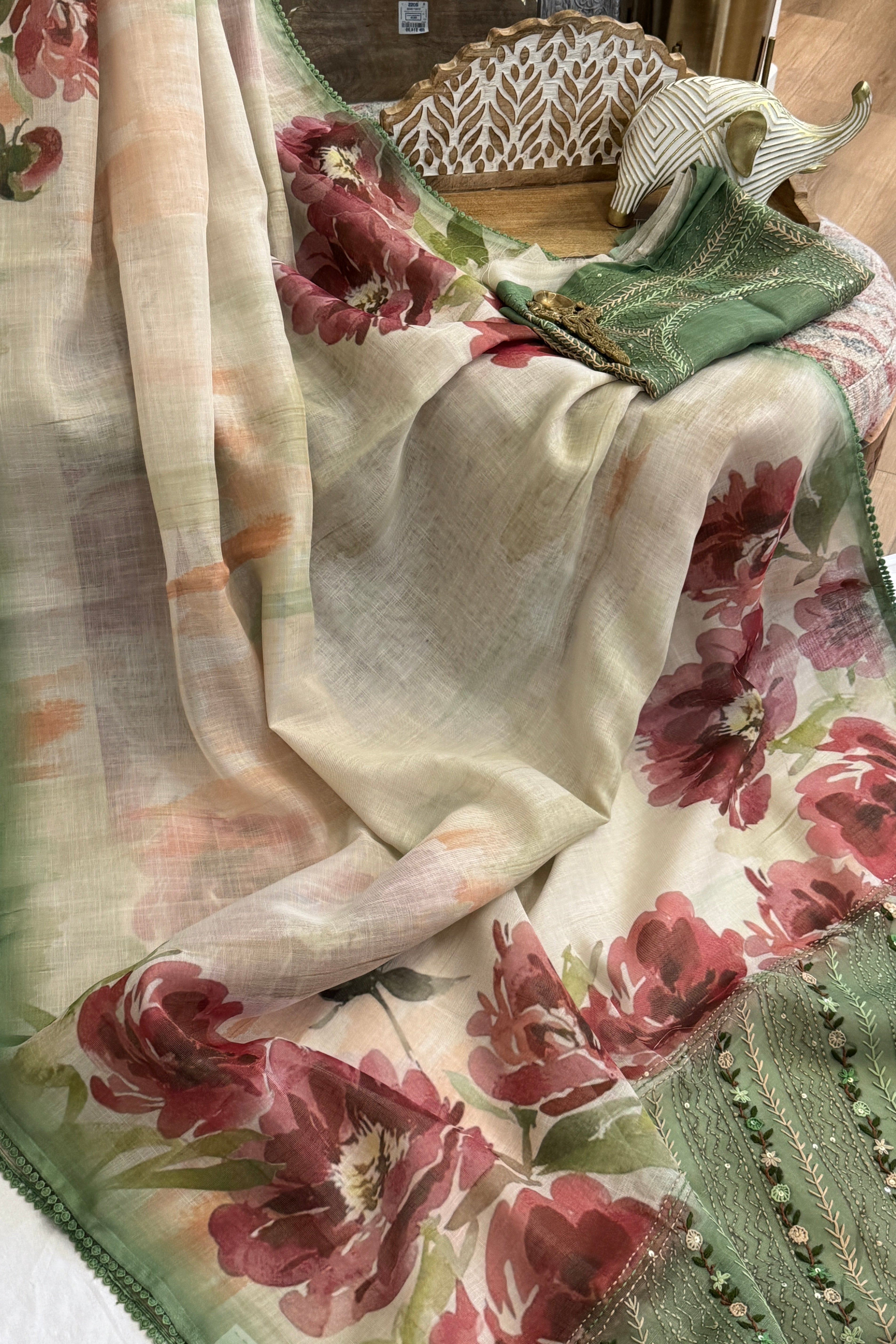 Bengal Linen Saree handpainted with French Knot Embroidery