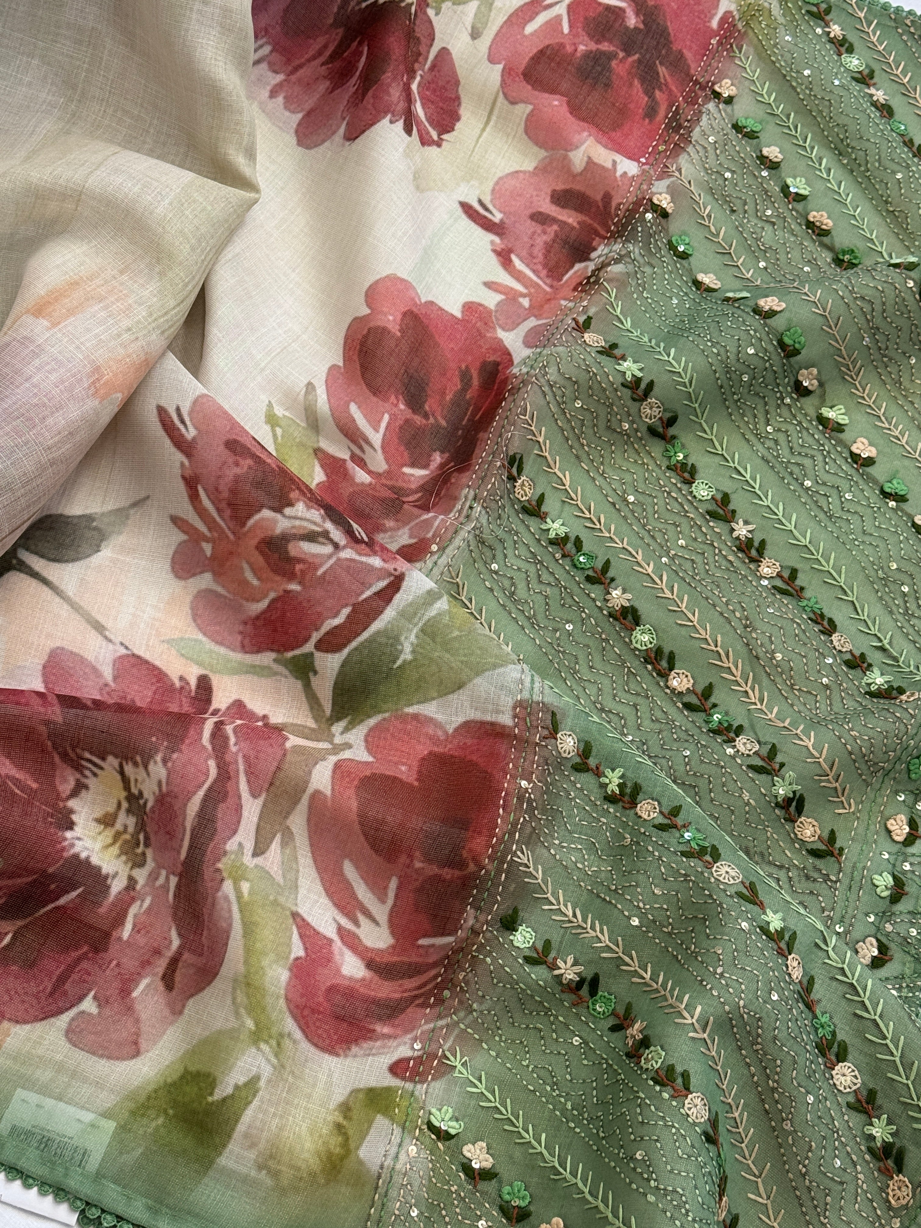 Bengal Linen Saree handpainted with French Knot Embroidery