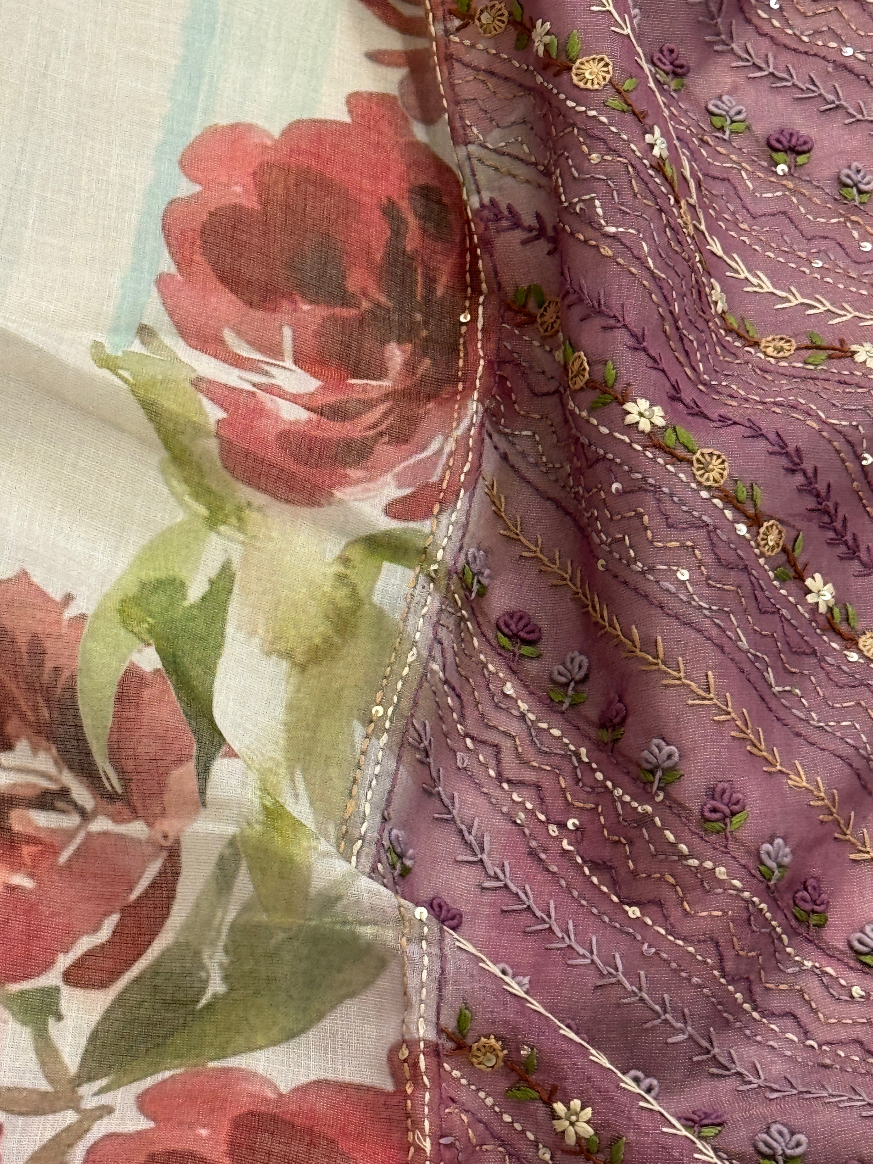 Bengal Linen Saree handpainted with French Knot Embroidery