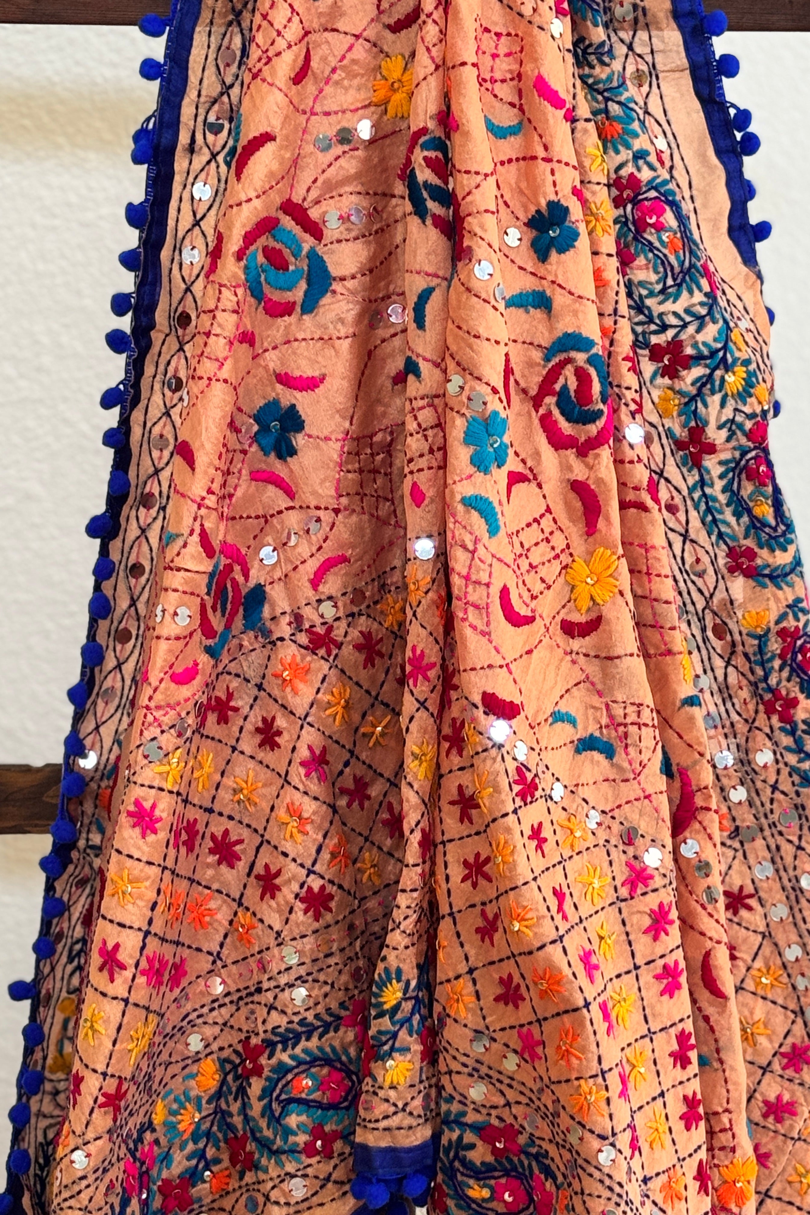 Chanderi Kantha dupatta - peach blue